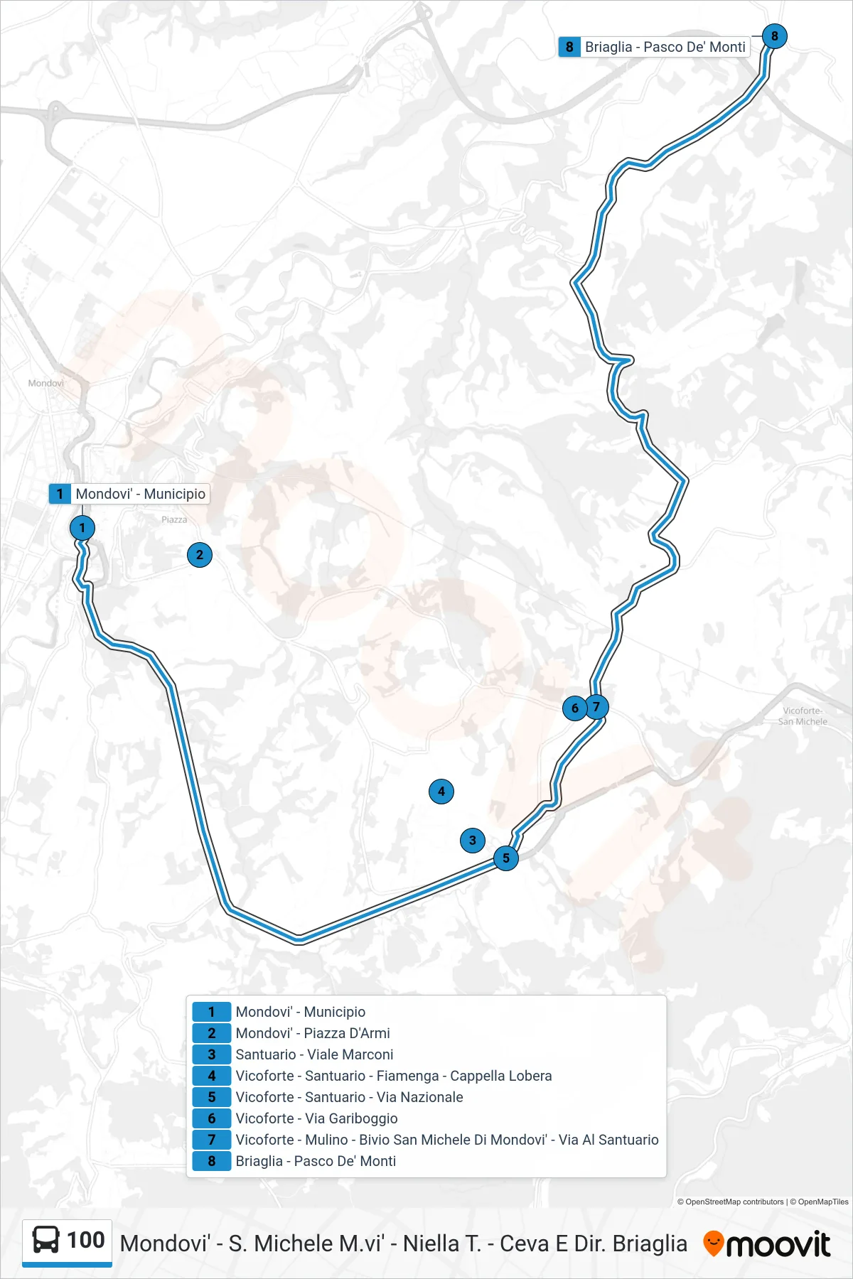 Linea 100 bus (Briaglia - Pasco De' Monti) - Percorsi e fermate sulla mappa