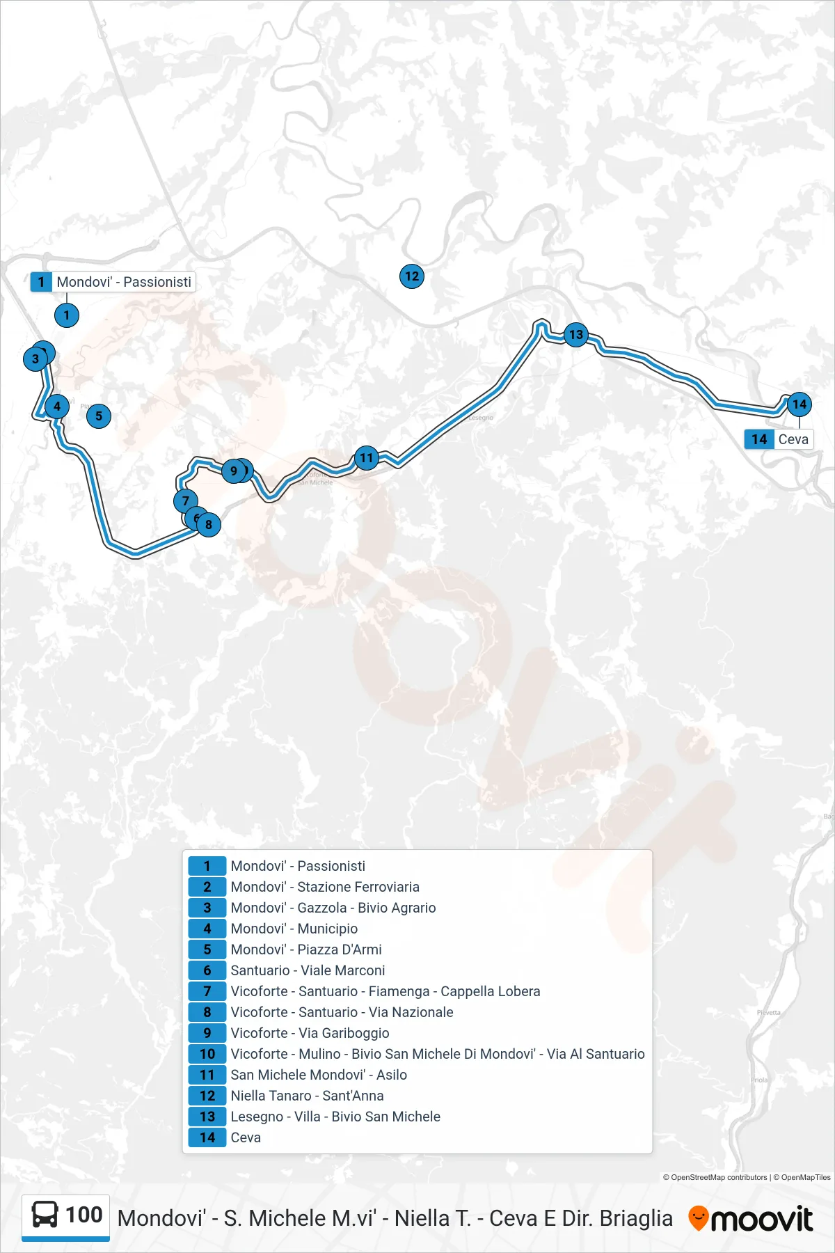 Linea 100 bus (Ceva) - Percorsi e fermate sulla mappa