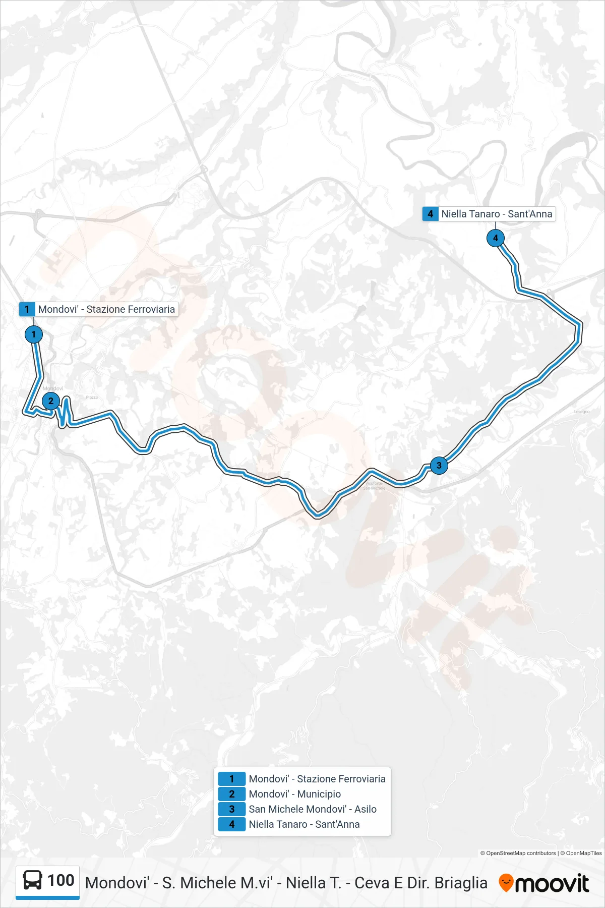 Linea 100  bus (Niella Tanaro - Sant'Anna) - Percorsi e fermate sulla mappa