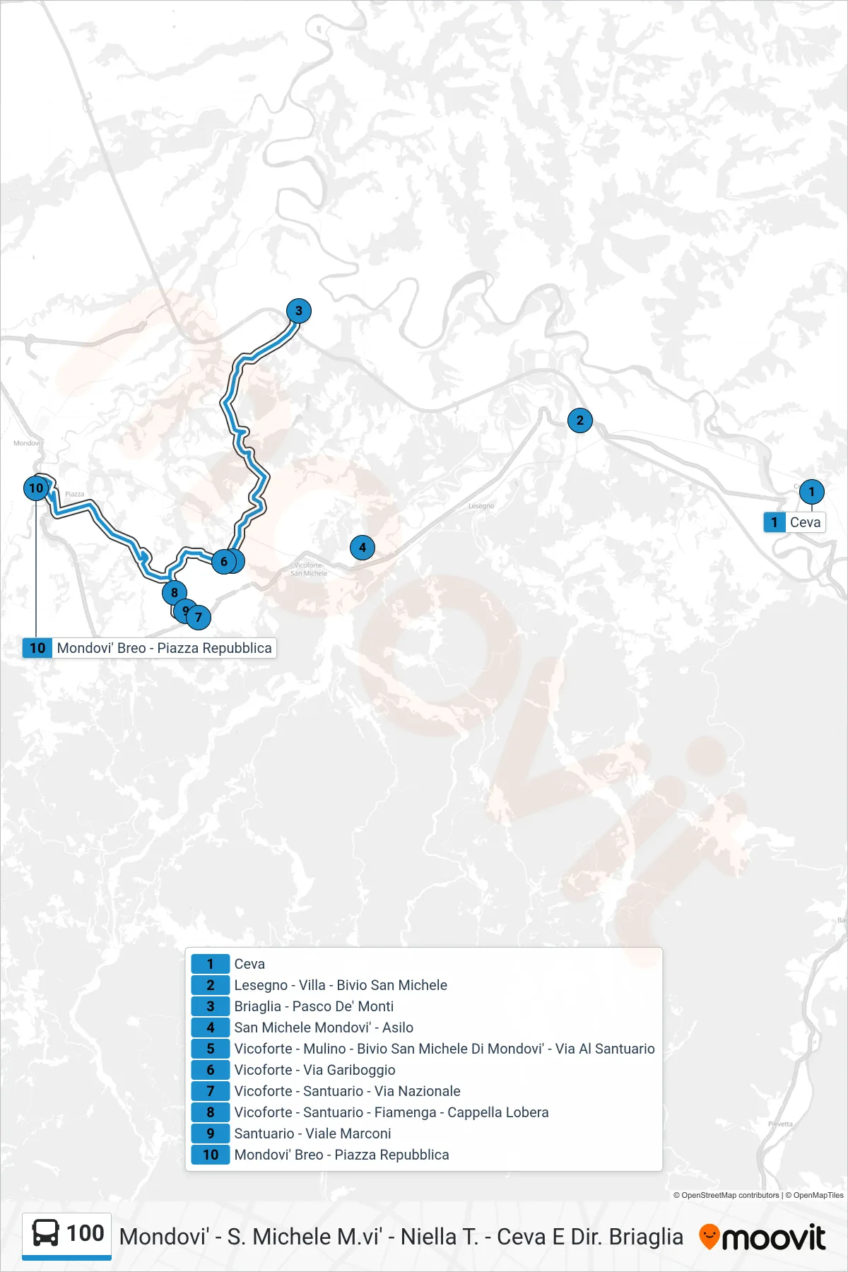 Linea 100 bus (Mondovi' Breo - Piazza Repubblica) - Percorsi e fermate sulla mappa