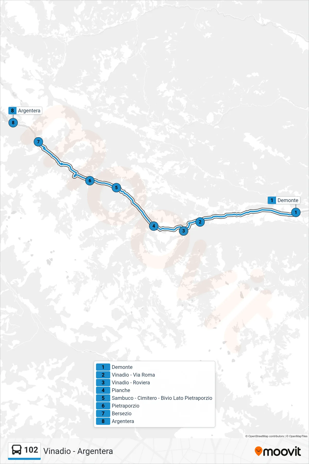 Linea 102 bus (Argentera) - Percorsi e fermate sulla mappa