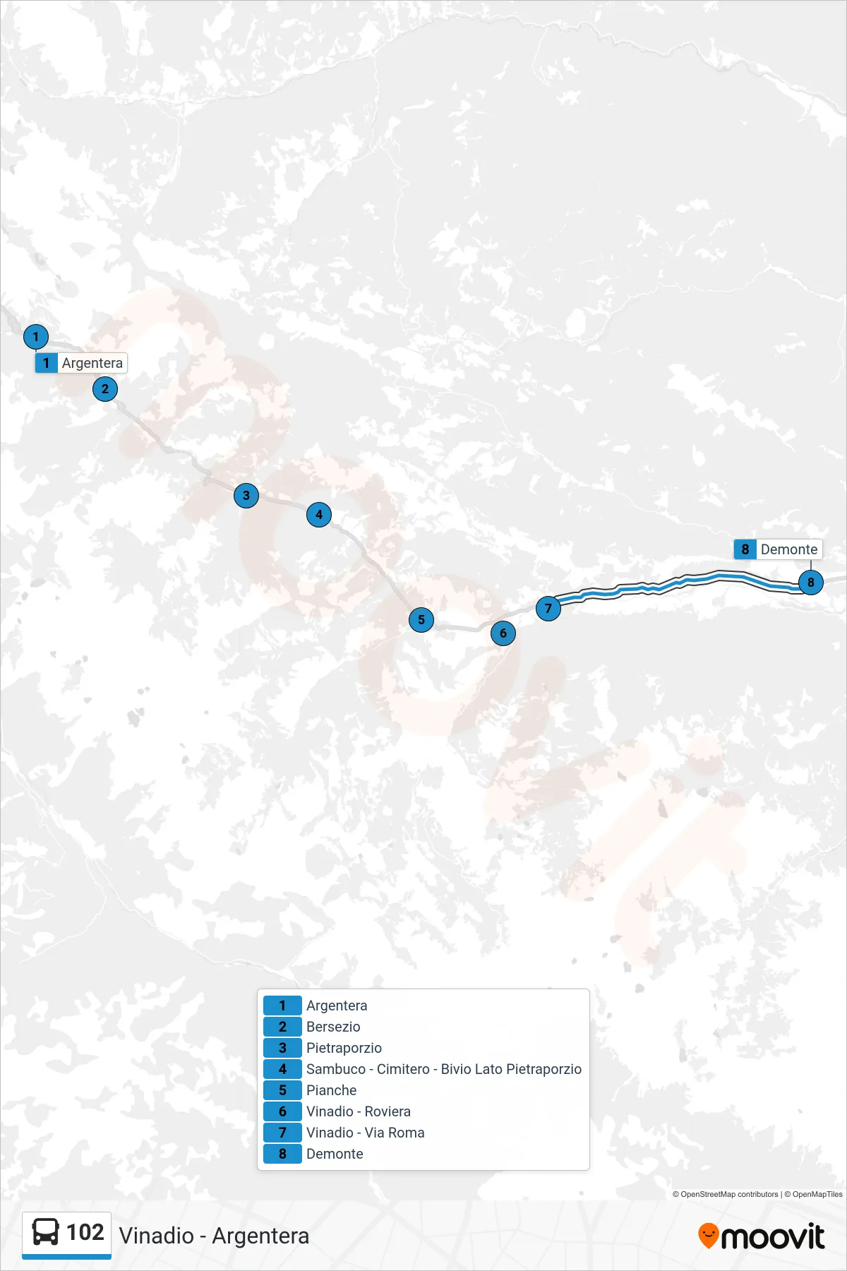 Linea 102 bus (Demonte) - Percorsi e fermate sulla mappa