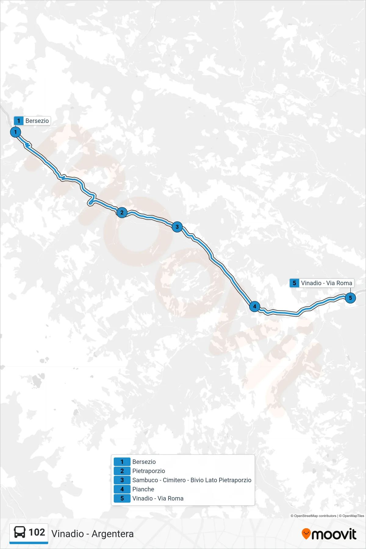 Linea 102  bus (Vinadio - Via Roma) - Percorsi e fermate sulla mappa