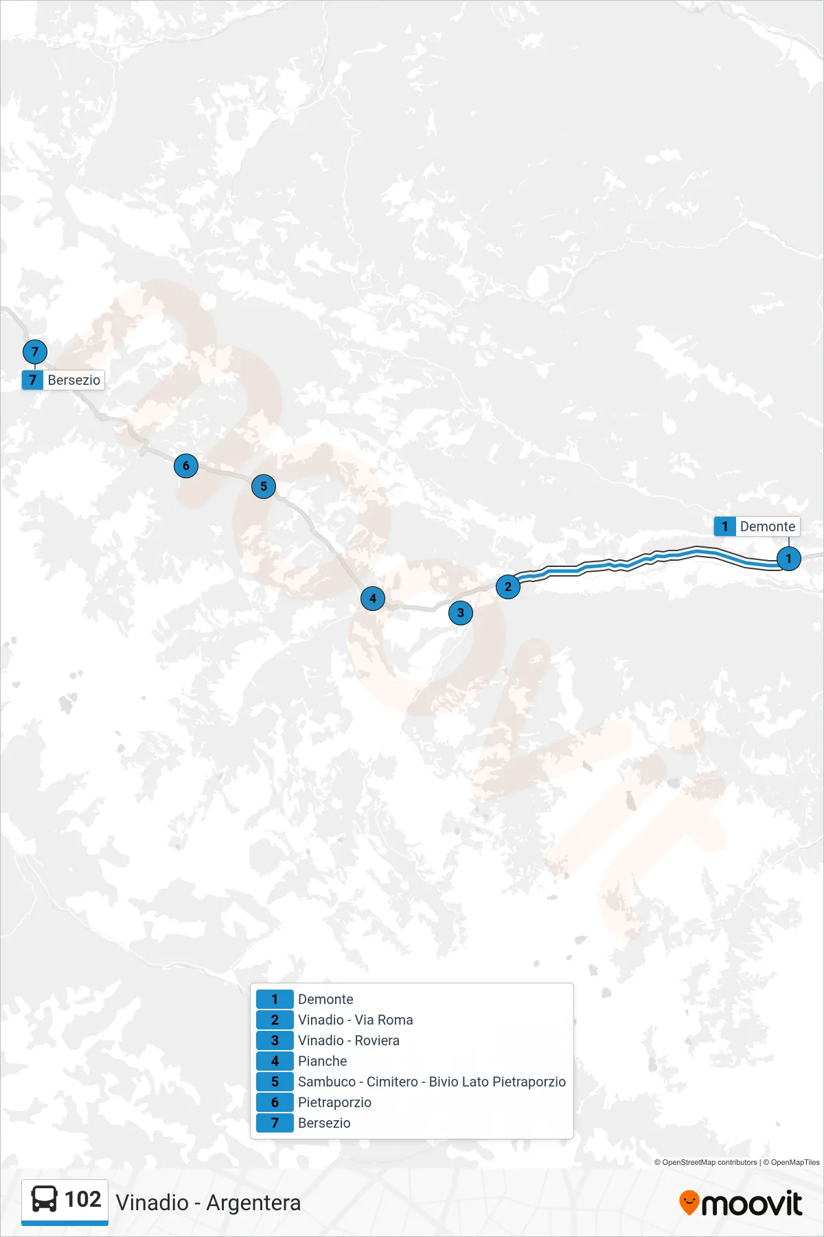 Linea 102 bus (Bersezio) - Percorsi e fermate sulla mappa