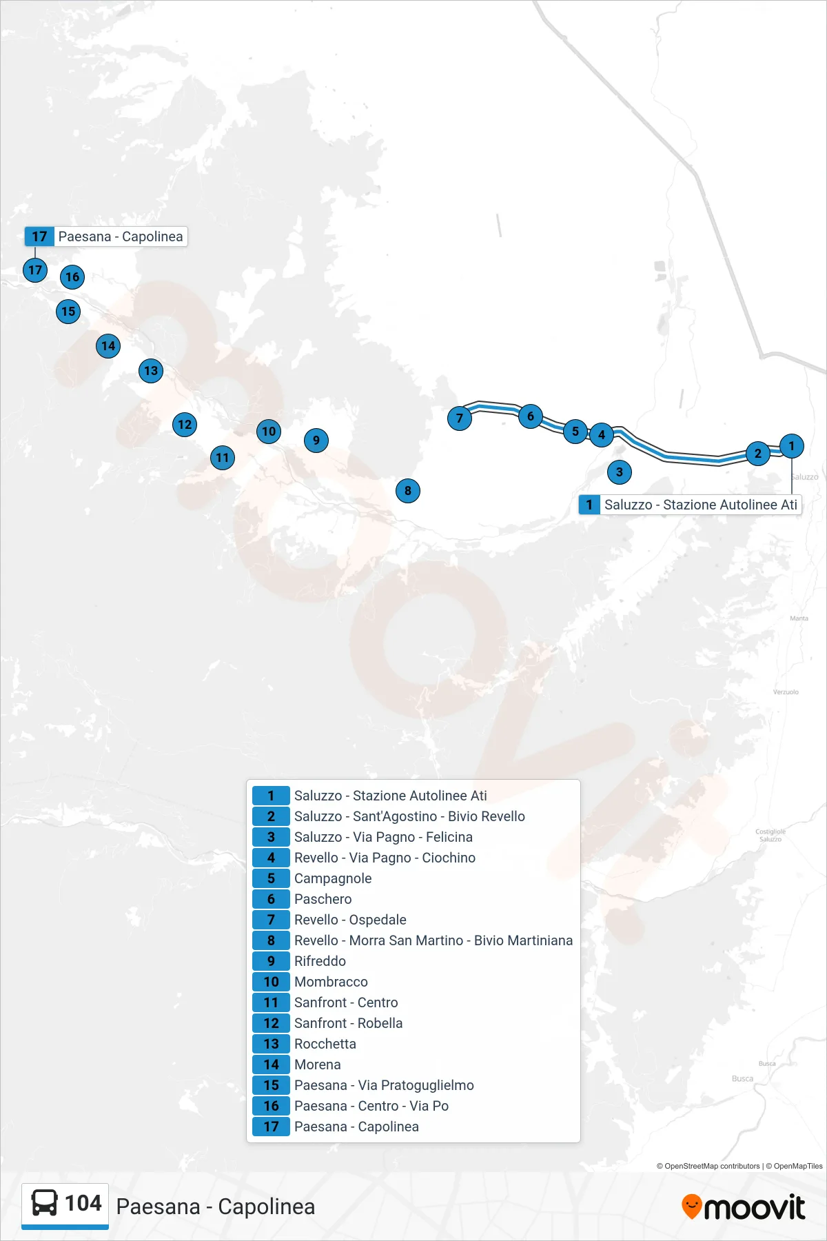Linea 104  bus (Paesana - Capolinea) - Percorsi e fermate sulla mappa