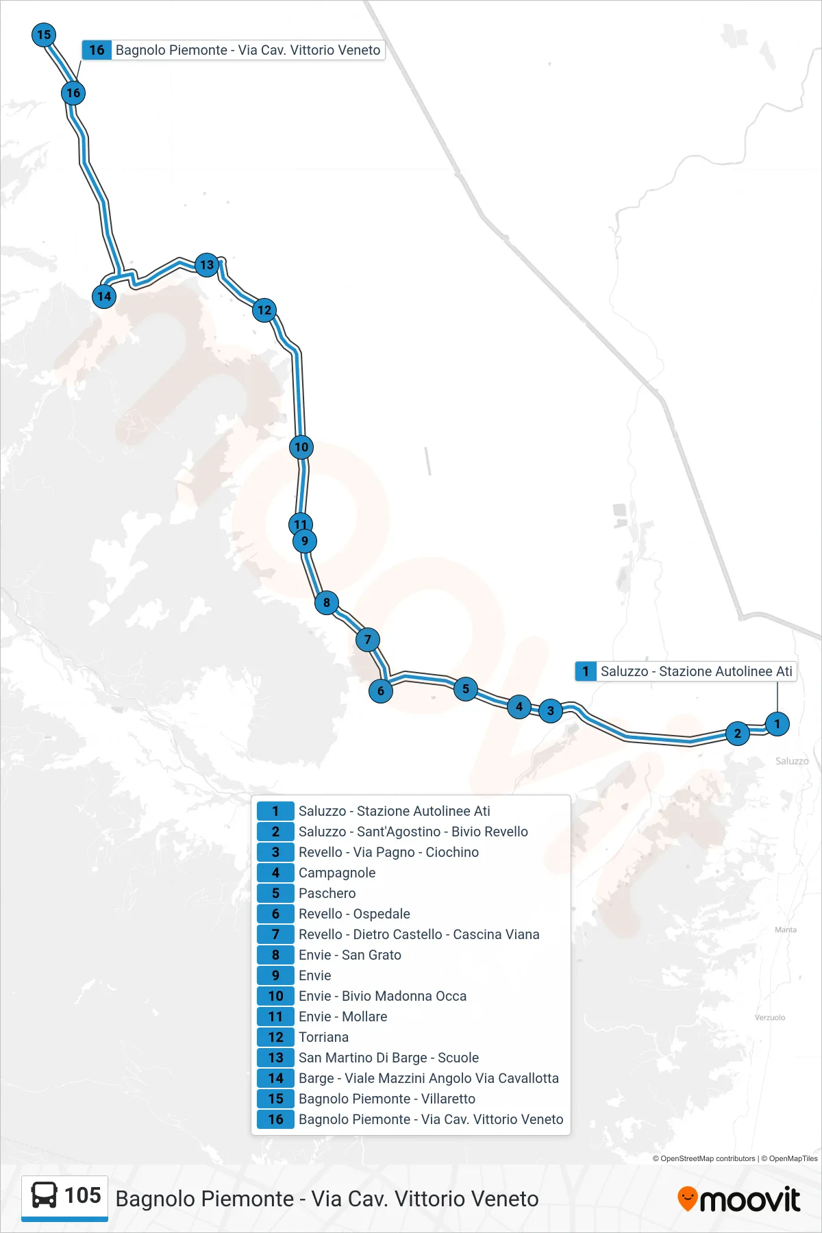 Linea 105 bus (Bagnolo Piemonte - Via Cav. Vittorio Veneto) - Percorsi e fermate sulla mappa