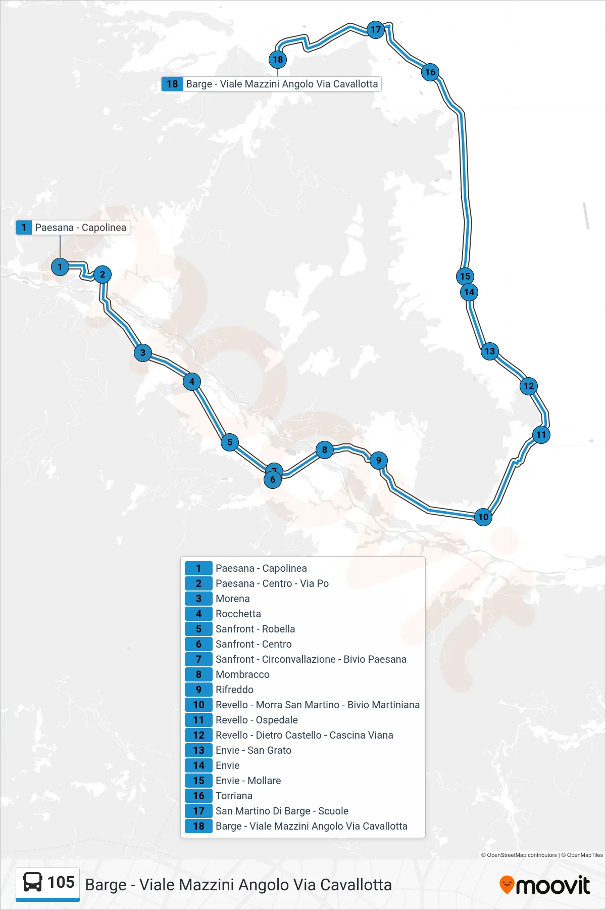 Linea 105 bus (Barge - Viale Mazzini Angolo Via Cavallotta) - Percorsi e fermate sulla mappa