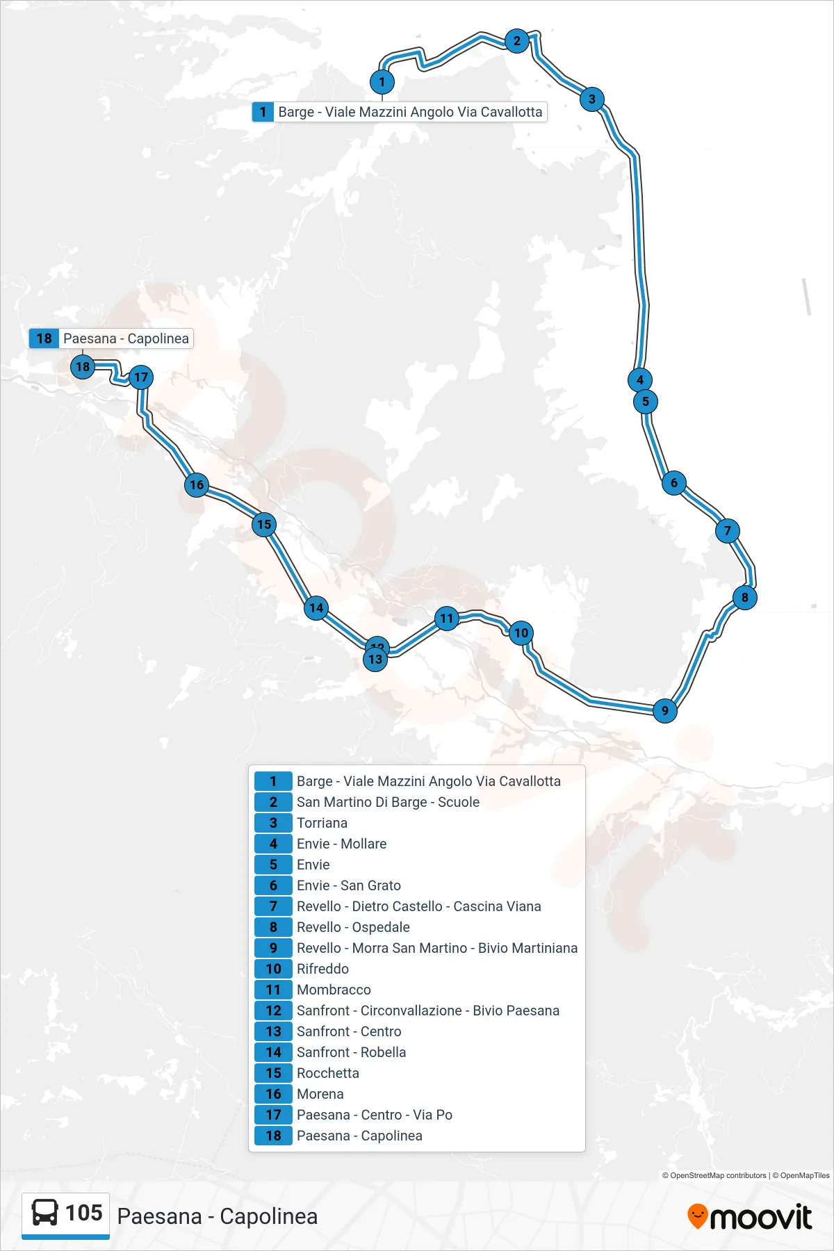 Linea 105 bus (Paesana - Capolinea) - Percorsi e fermate sulla mappa