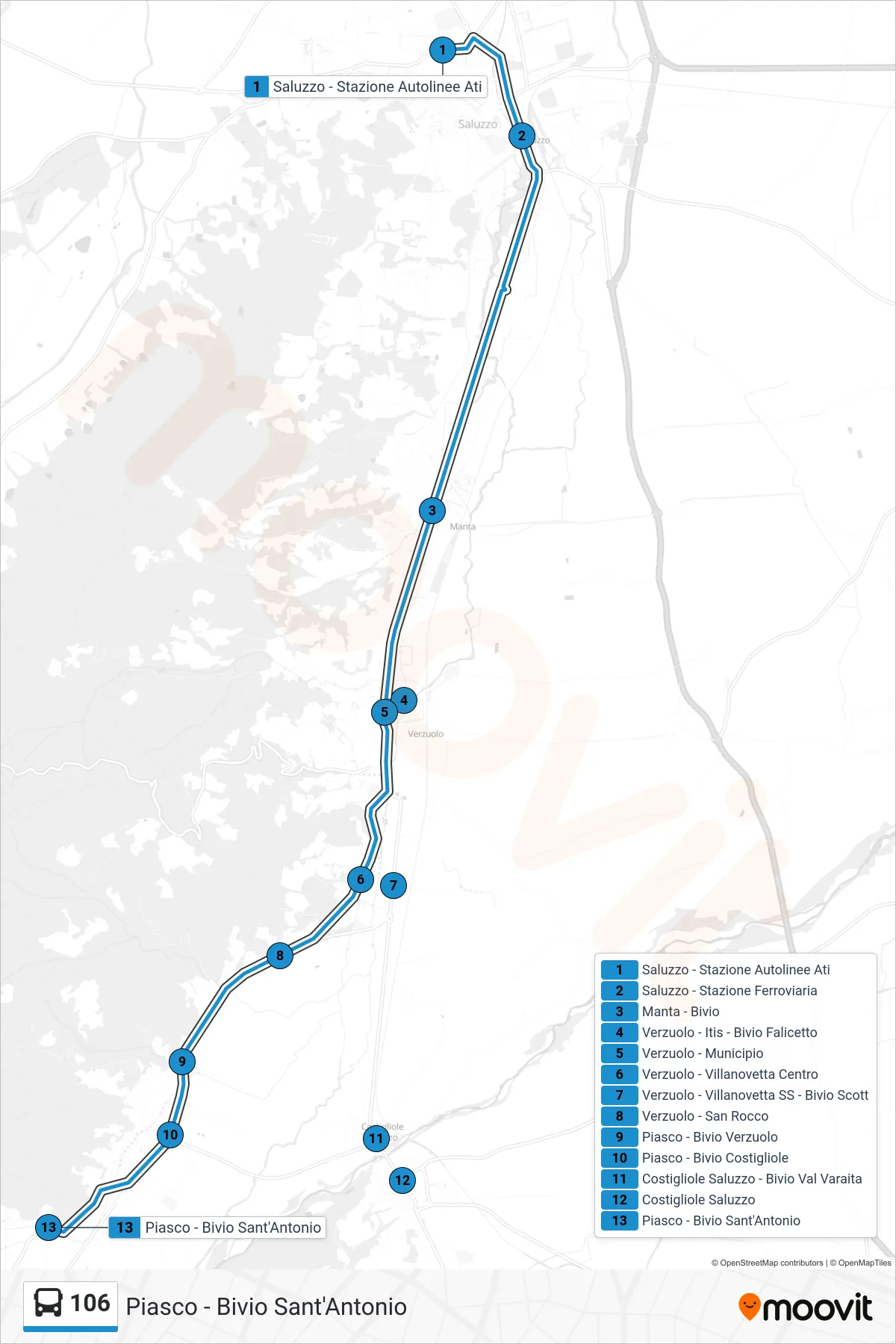 Linea 106  bus (Piasco - Bivio Sant'Antonio) - Percorsi e fermate sulla mappa