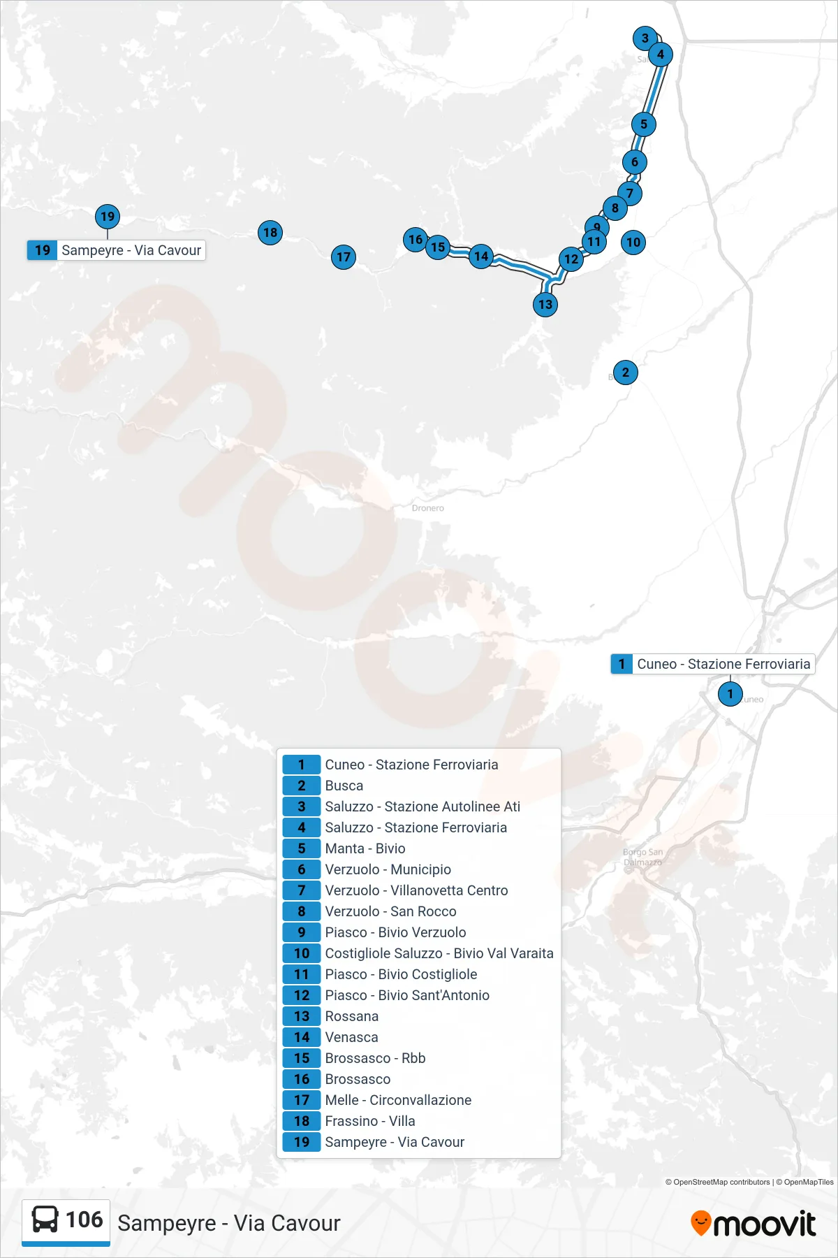 Linea 106 bus (Sampeyre - Via Cavour) - Percorsi e fermate sulla mappa