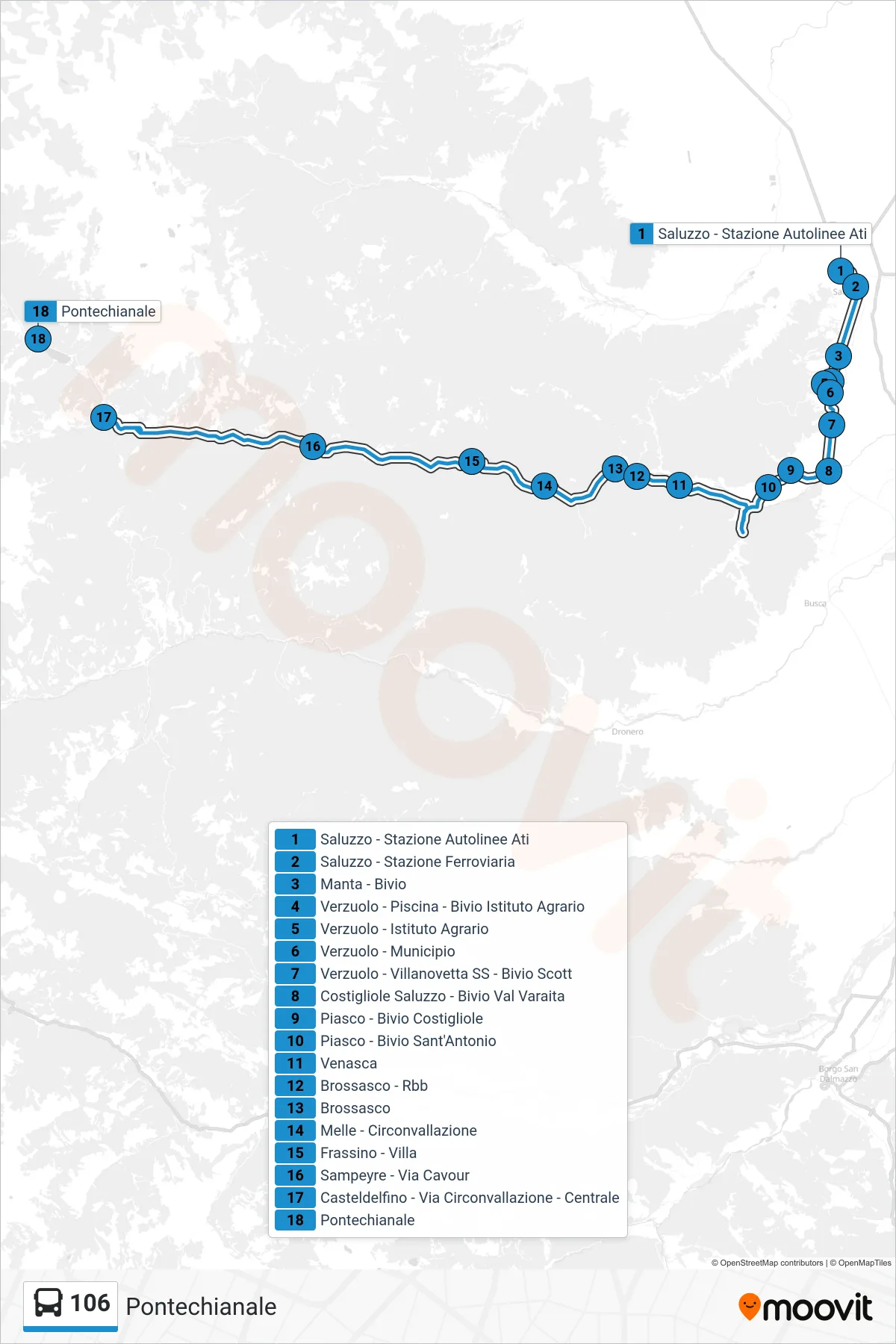 Linea 106 bus (Pontechianale) - Percorsi e fermate sulla mappa