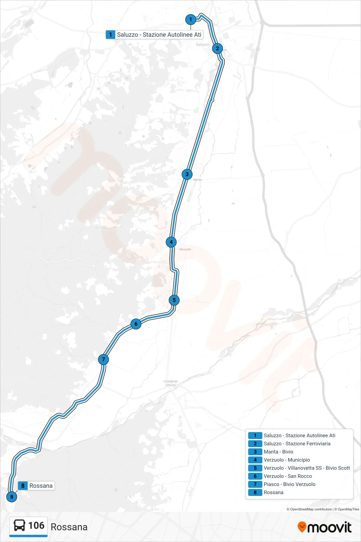 Linea 106 bus (Rossana) - Percorsi e fermate sulla mappa