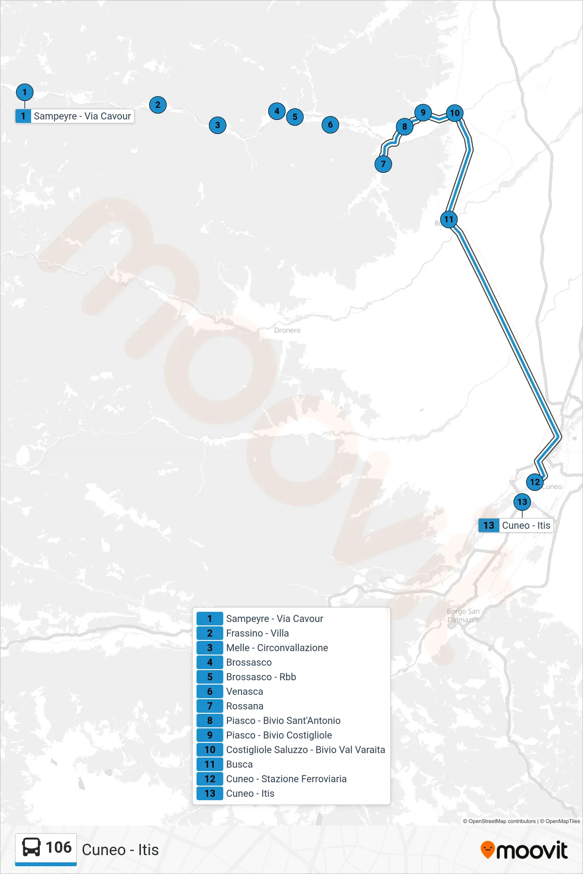 Linea 106 bus (Cuneo - Itis) - Percorsi e fermate sulla mappa