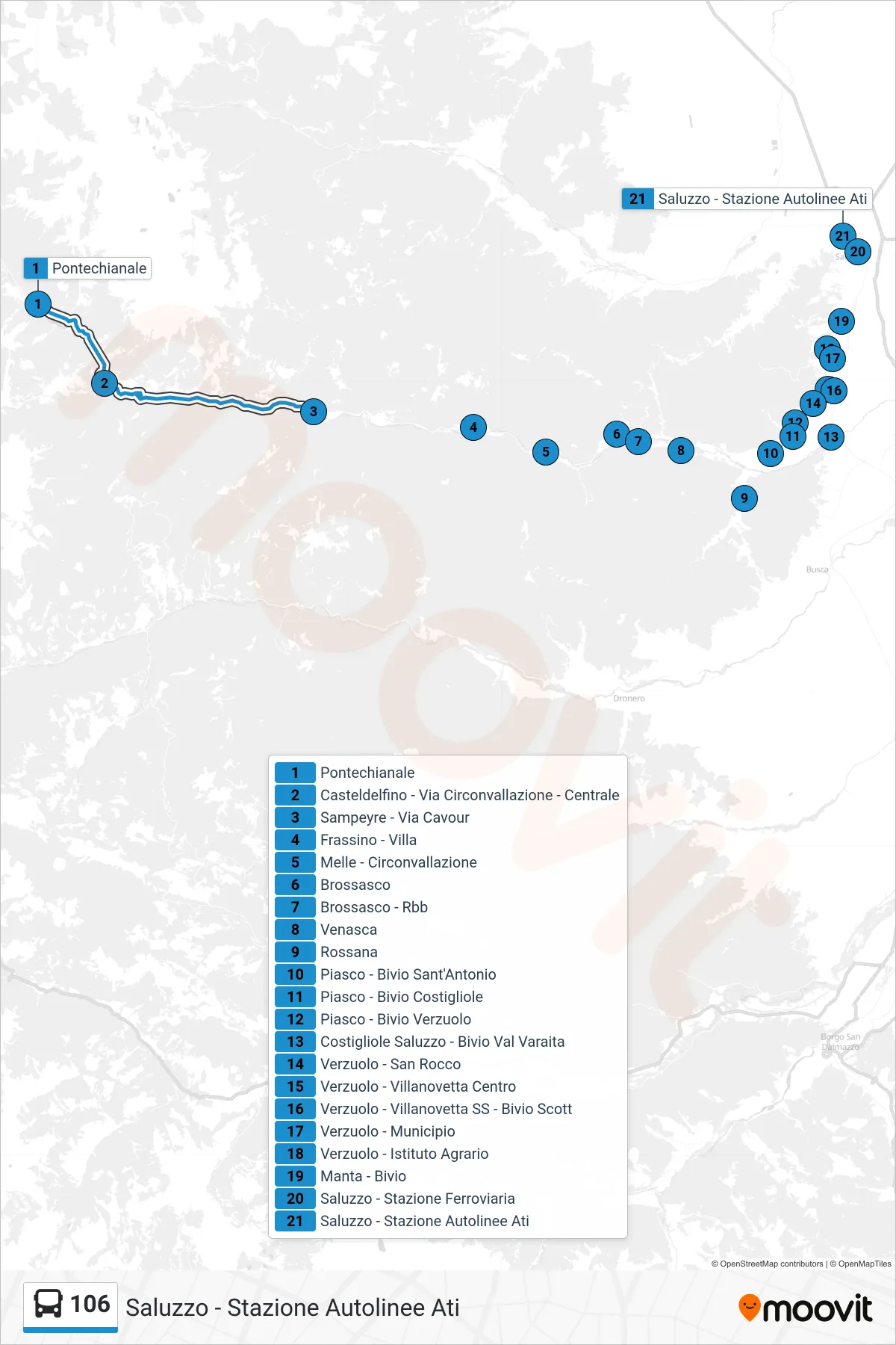 Linea 106 bus (Saluzzo - Stazione Autolinee Ati) - Percorsi e fermate sulla mappa