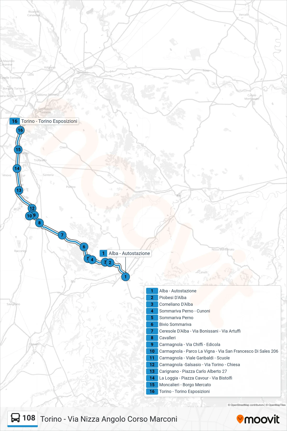 Linea 108  bus (Torino - Via Nizza Angolo Corso Marconi) - Percorsi e fermate sulla mappa