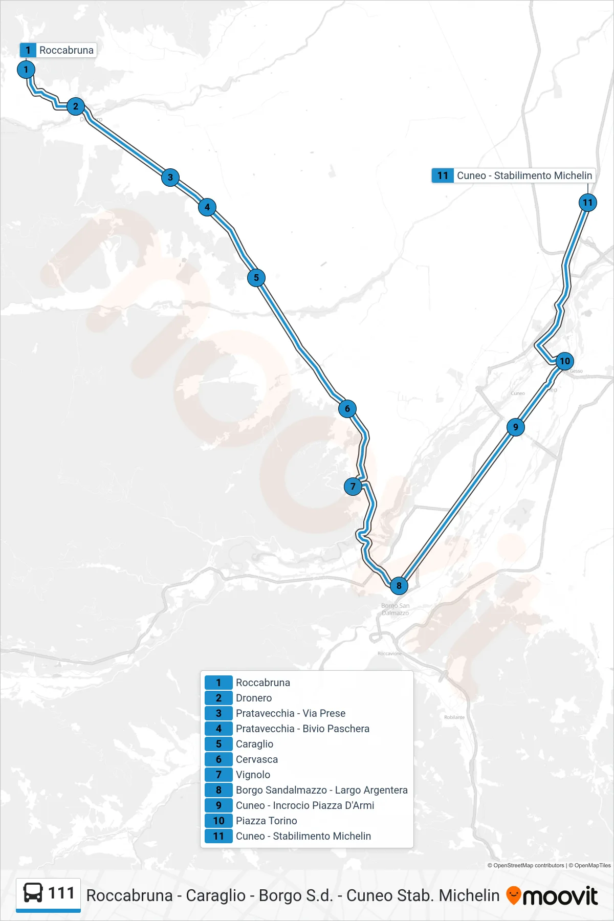 Linea 111 bus (Cuneo - Stabilimento Michelin) - Percorsi e fermate sulla mappa