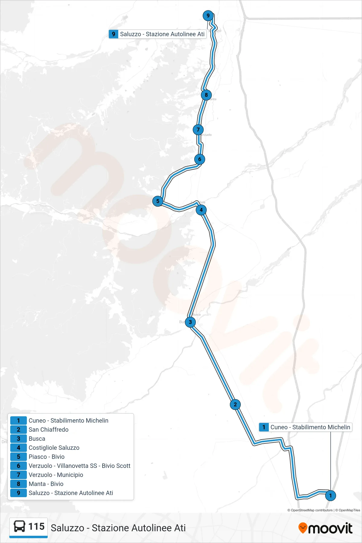 Linea 115 bus (Saluzzo - Stazione Autolinee Ati) - Percorsi e fermate sulla mappa