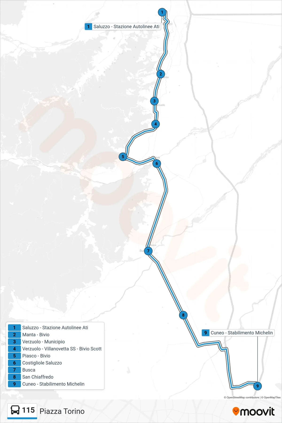 Linea 115 bus (Piazza Torino) - Percorsi e fermate sulla mappa