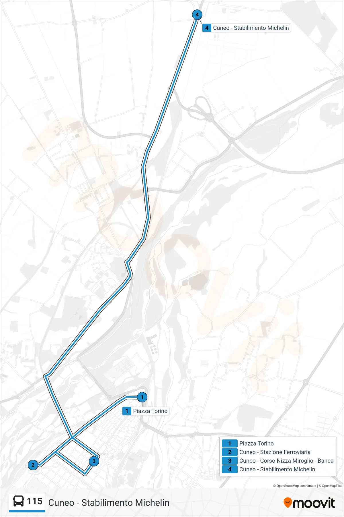 Linea 115 bus (Cuneo - Stabilimento Michelin) - Percorsi e fermate sulla mappa