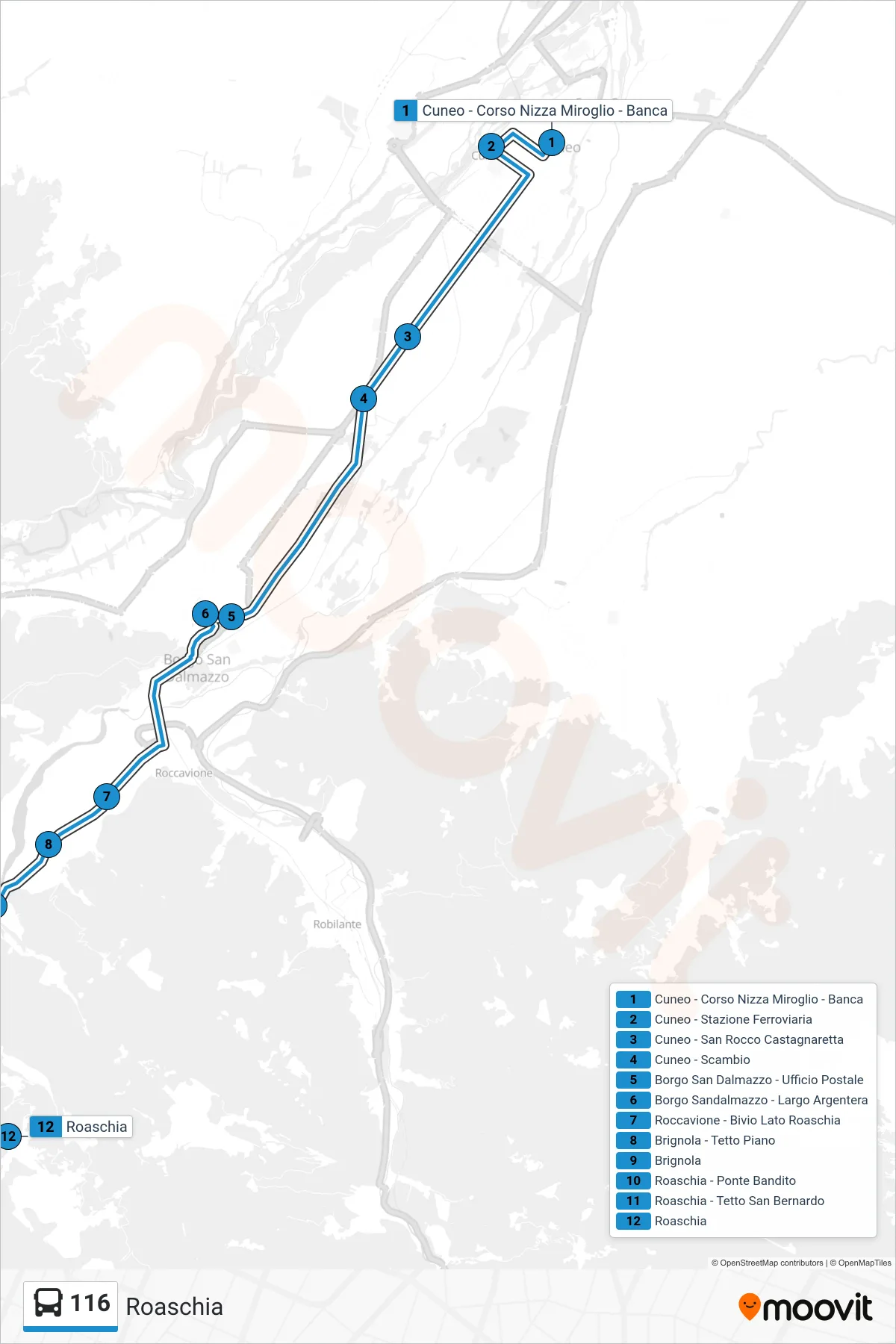 Linea 116 bus (Roaschia) - Percorsi e fermate sulla mappa