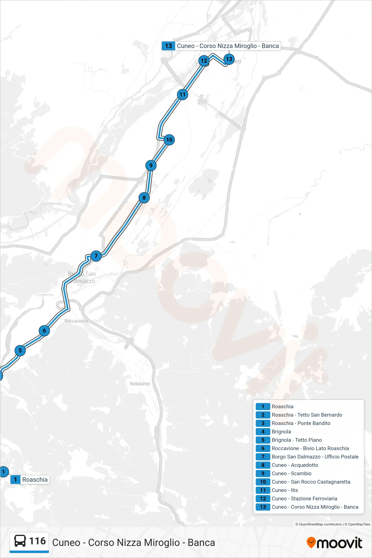 Linea 116 bus (Cuneo - Corso Nizza Miroglio - Banca) - Percorsi e fermate sulla mappa