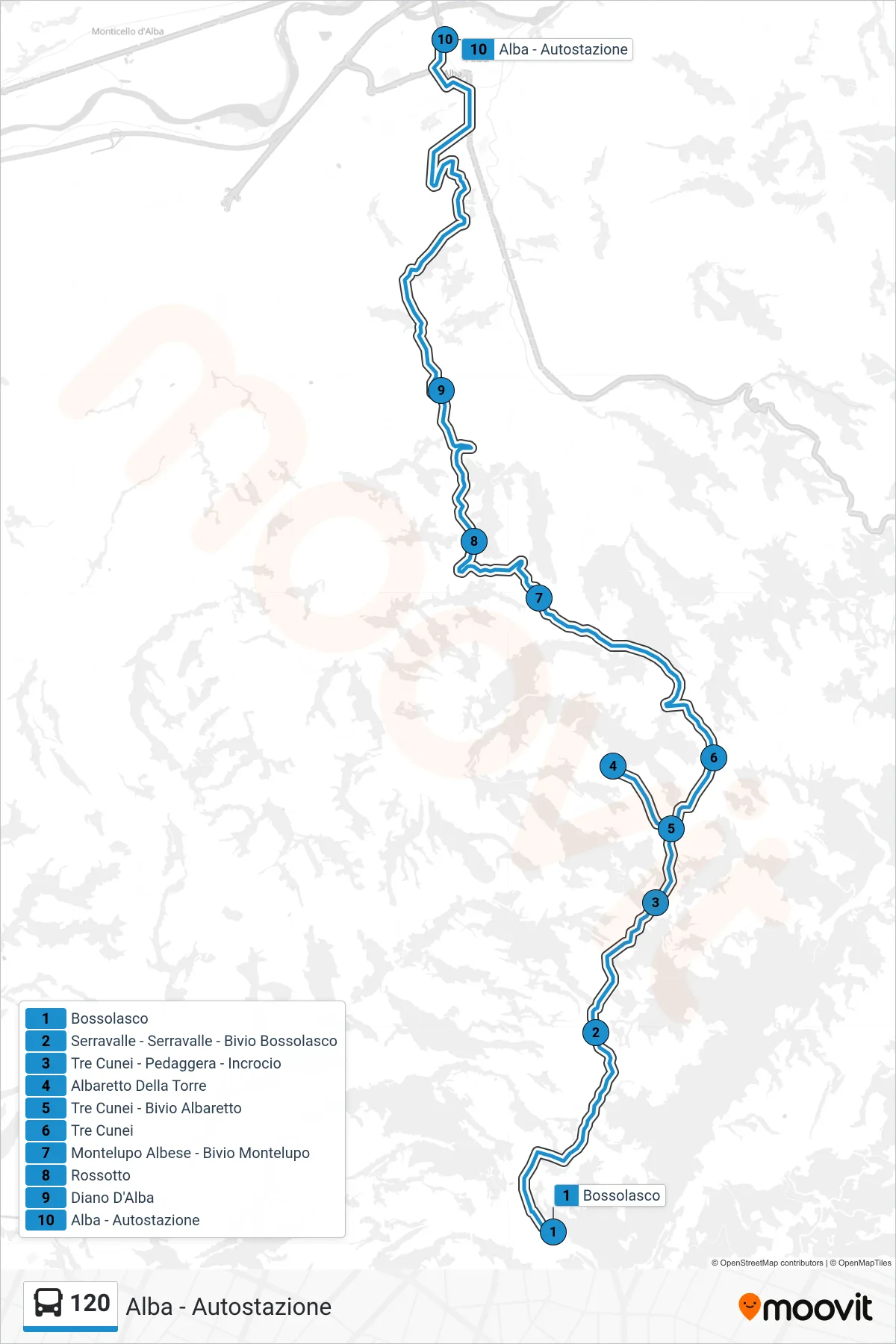 Linea 120  bus (Alba - Autostazione) - Percorsi e fermate sulla mappa