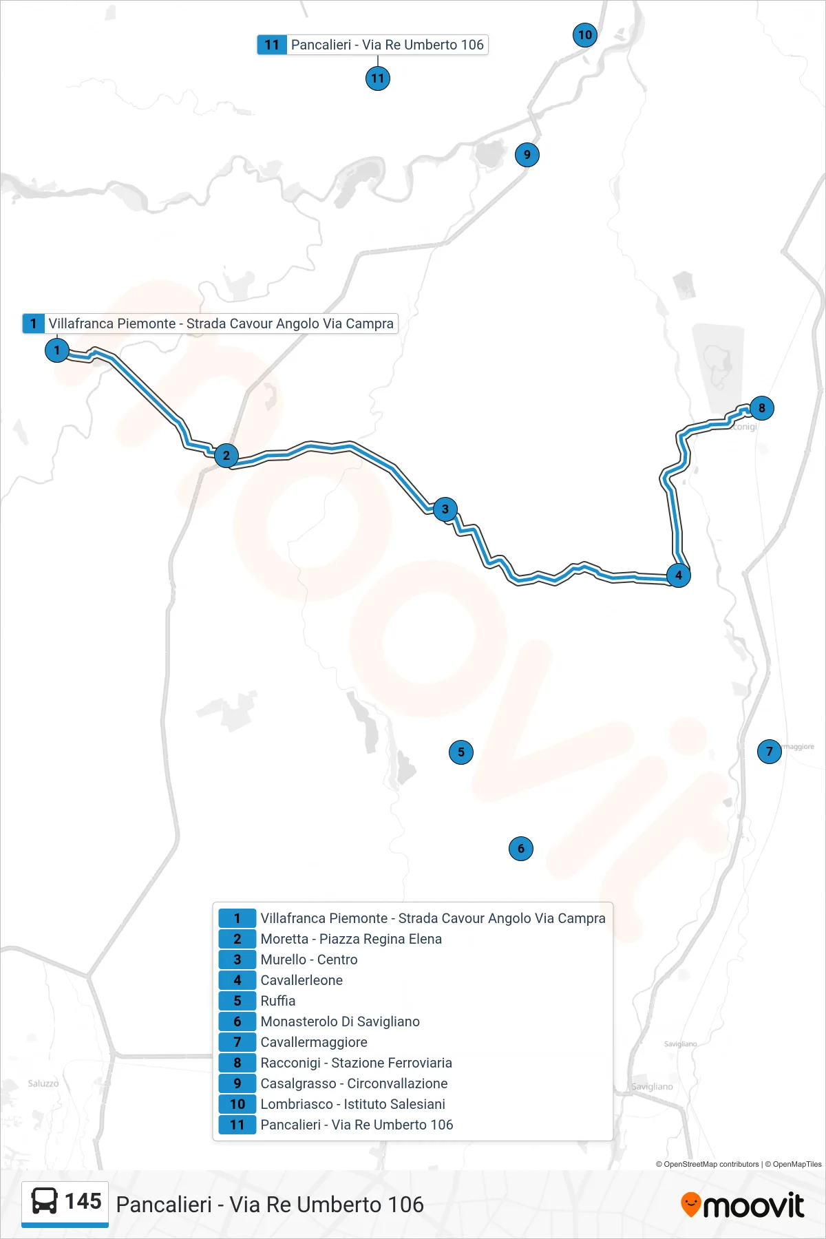 Linea 145 bus (Pancalieri - Via Re Umberto 106) - Percorsi e fermate sulla mappa