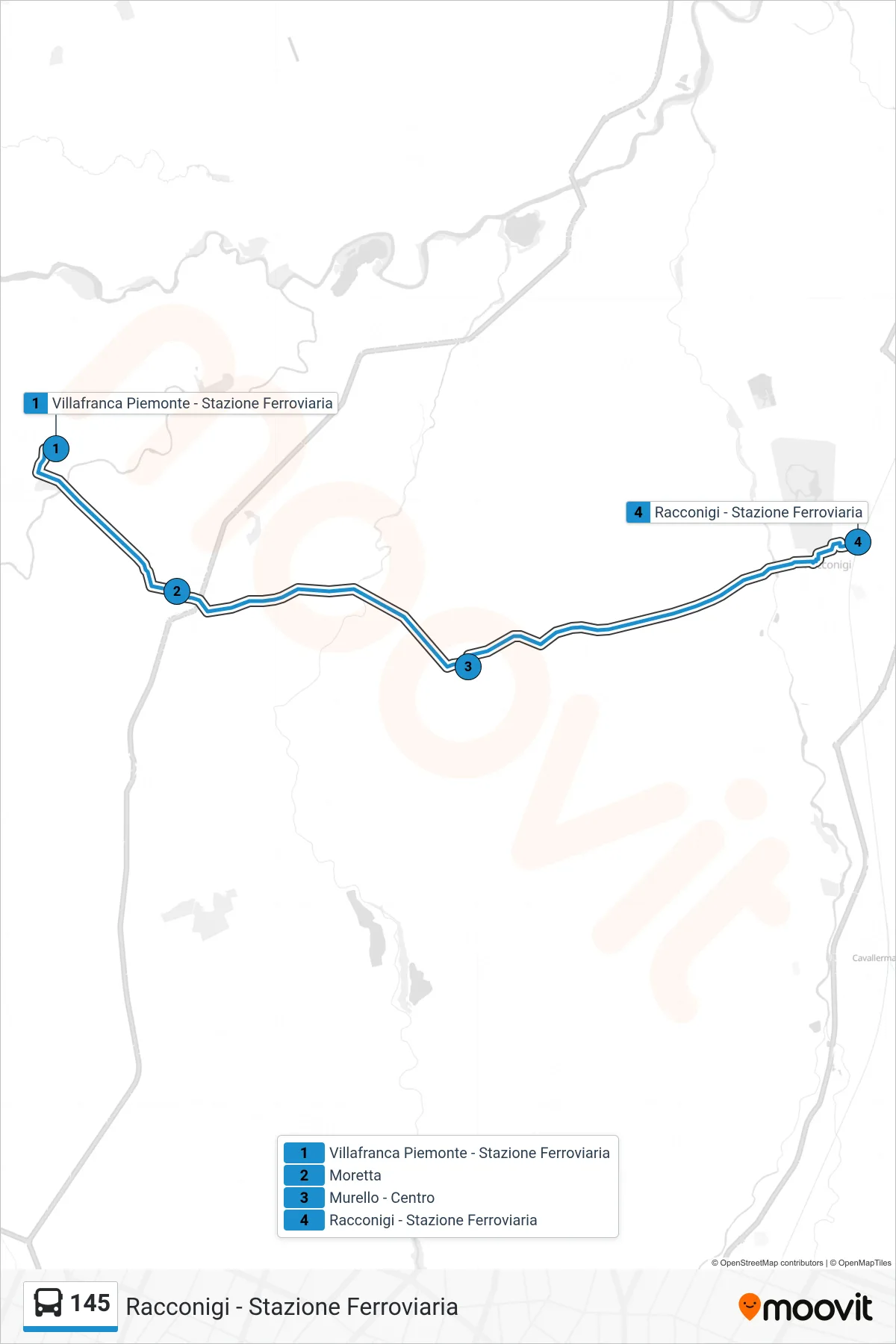 Linea 145 bus (Racconigi - Stazione Ferroviaria) - Percorsi e fermate sulla mappa