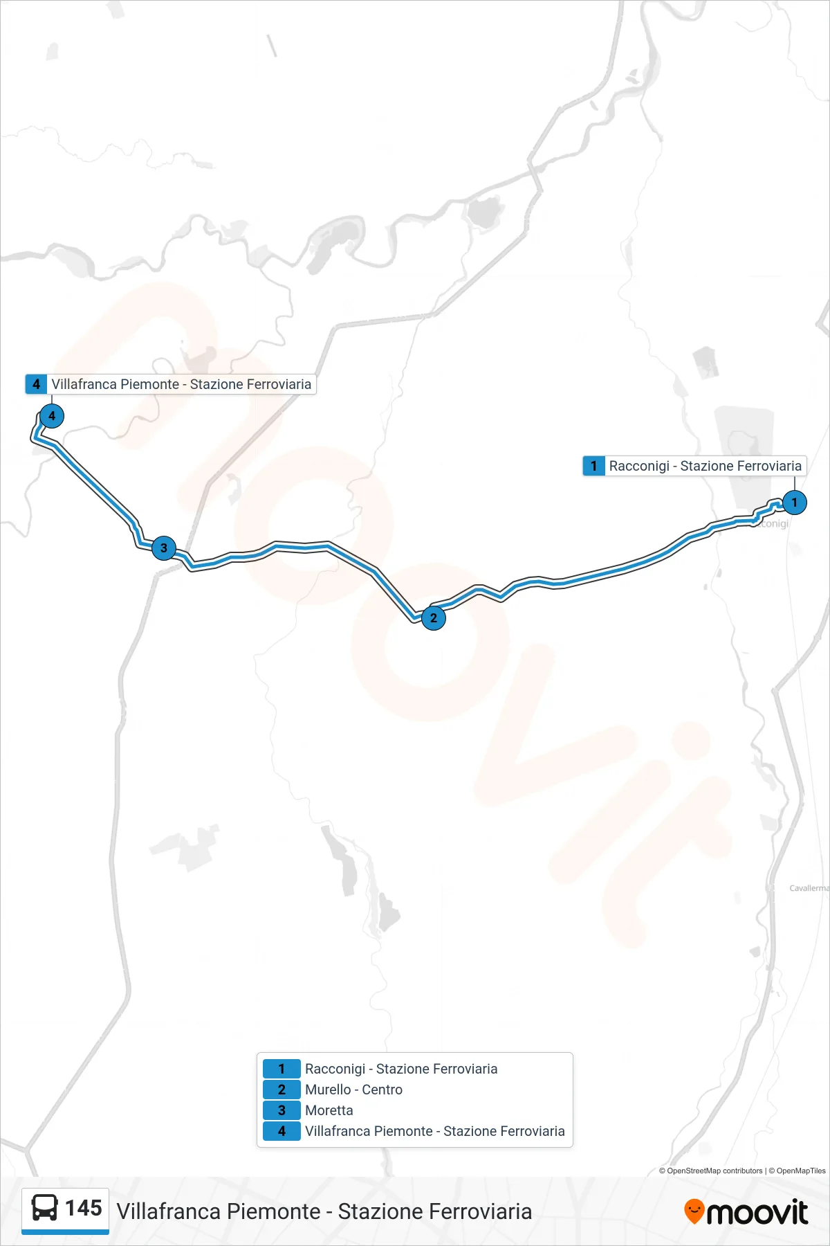 Linea 145 bus (Villafranca Piemonte - Stazione Ferroviaria) - Percorsi e fermate sulla mappa