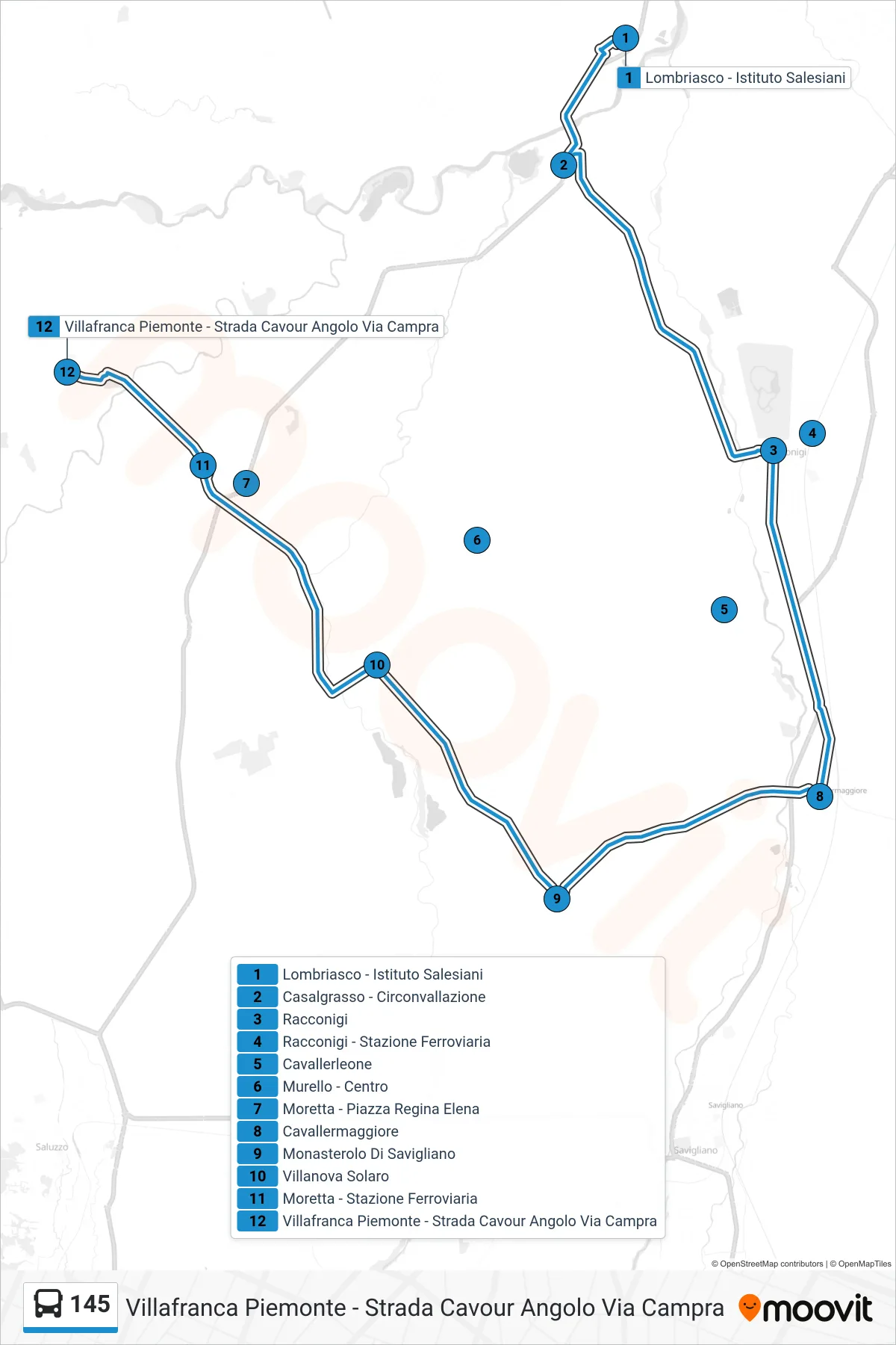Linea 145 bus (Villafranca Piemonte - Strada Cavour Angolo Via Campra) - Percorsi e fermate sulla mappa