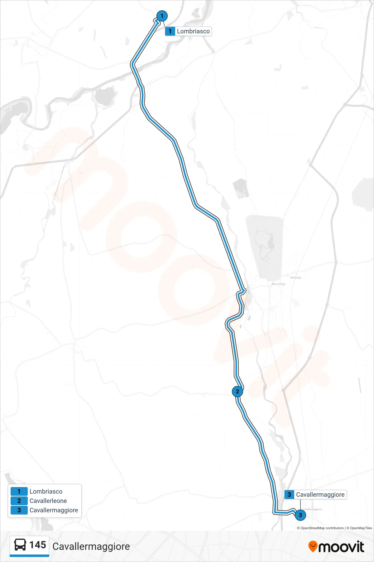Linea 145  bus (Cavallermaggiore) - Percorsi e fermate sulla mappa