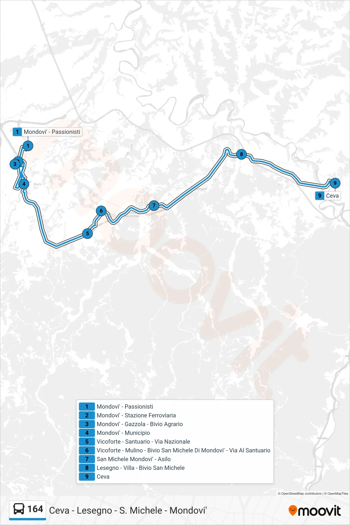 Linea 164  bus (Ceva) - Percorsi e fermate sulla mappa