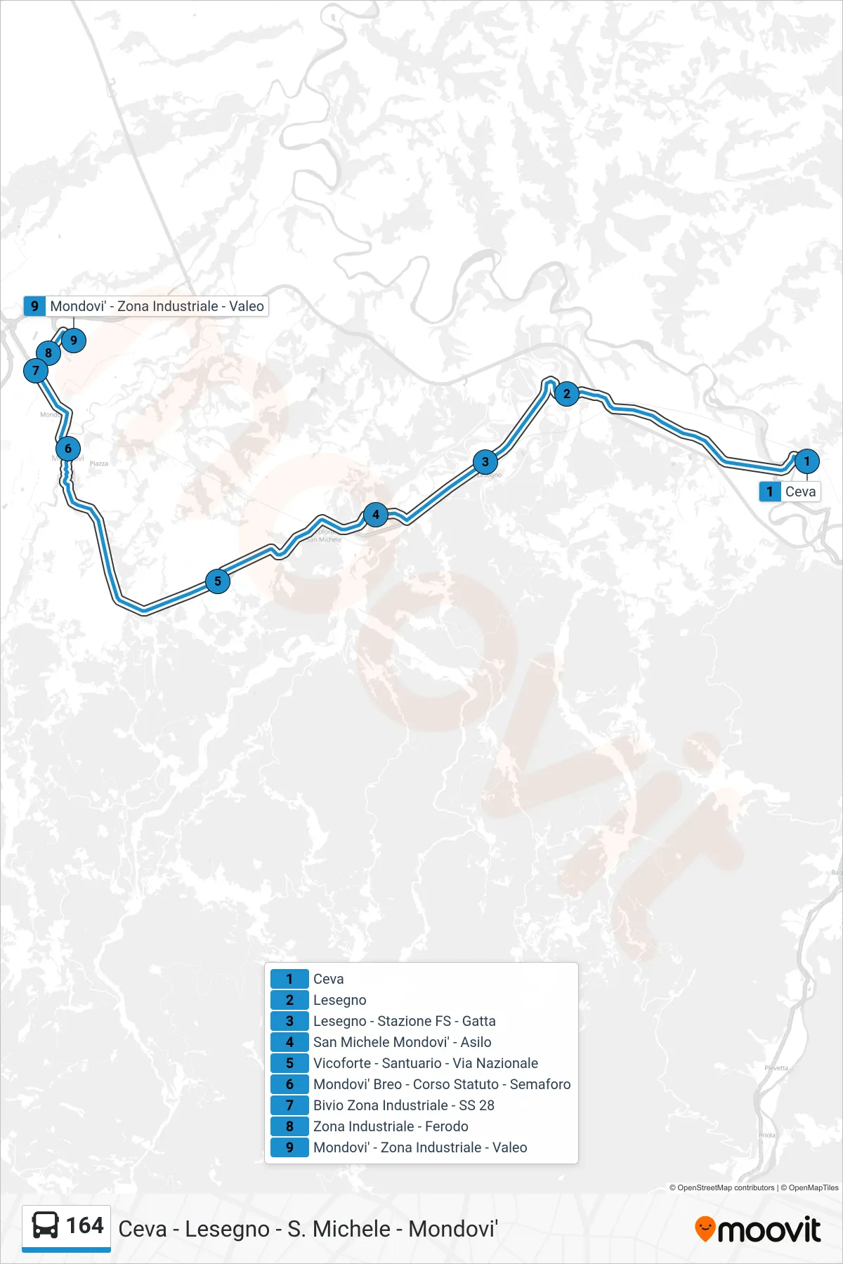 Linea 164  bus (Mondovi' - Zona Industriale - Valeo) - Percorsi e fermate sulla mappa