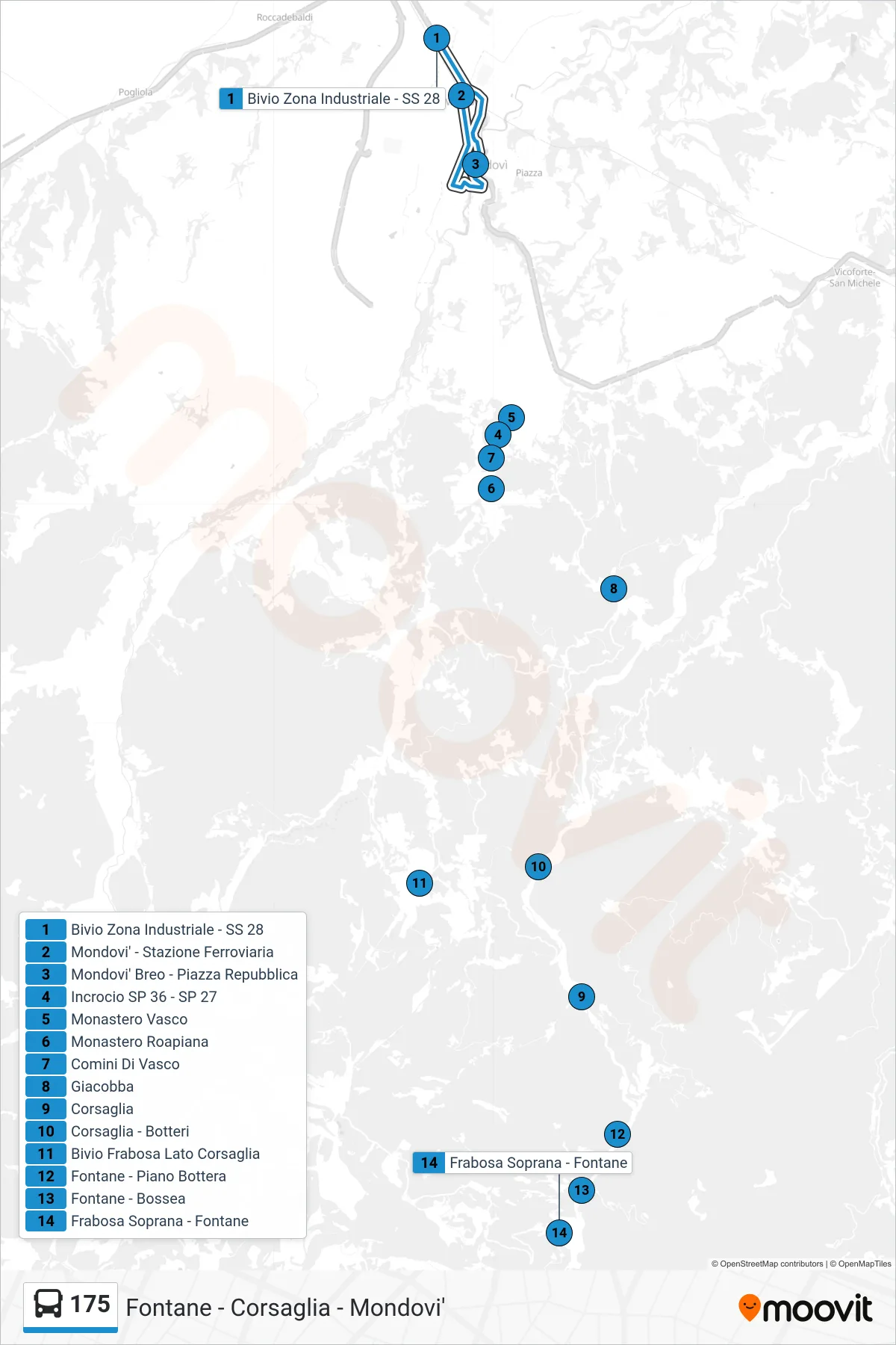 Linea 175 bus (Frabosa Soprana - Fontane) - Percorsi e fermate sulla mappa