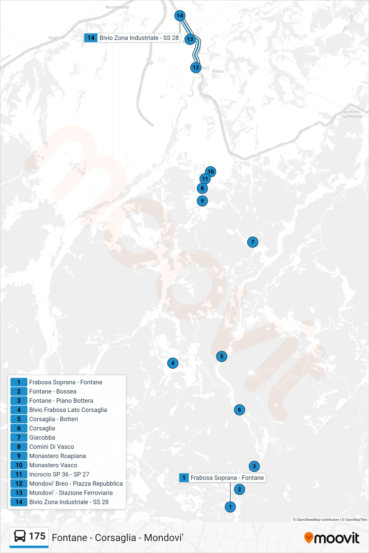 Linea 175  bus (Bivio Zona Industriale - SS 28) - Percorsi e fermate sulla mappa