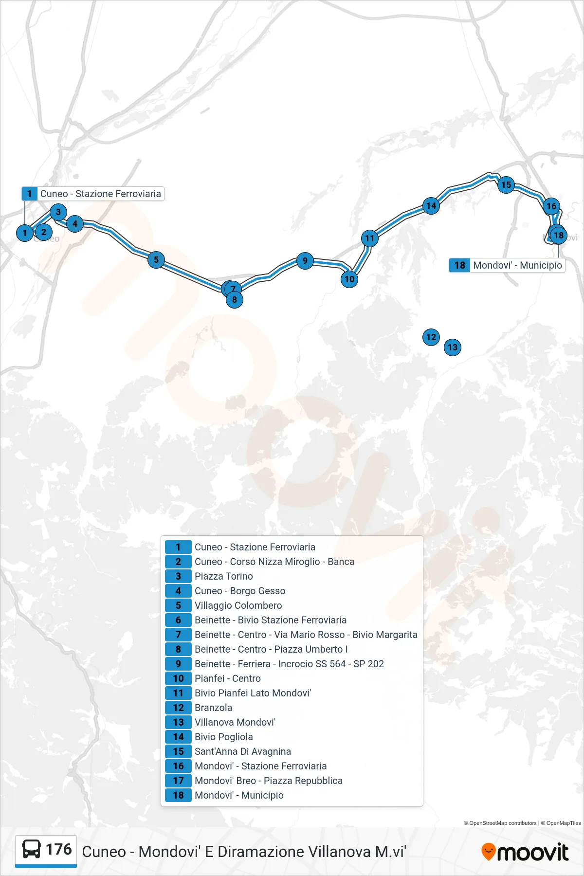 Linea 176 bus (Mondovi' Breo - Piazza Repubblica) - Percorsi e fermate sulla mappa