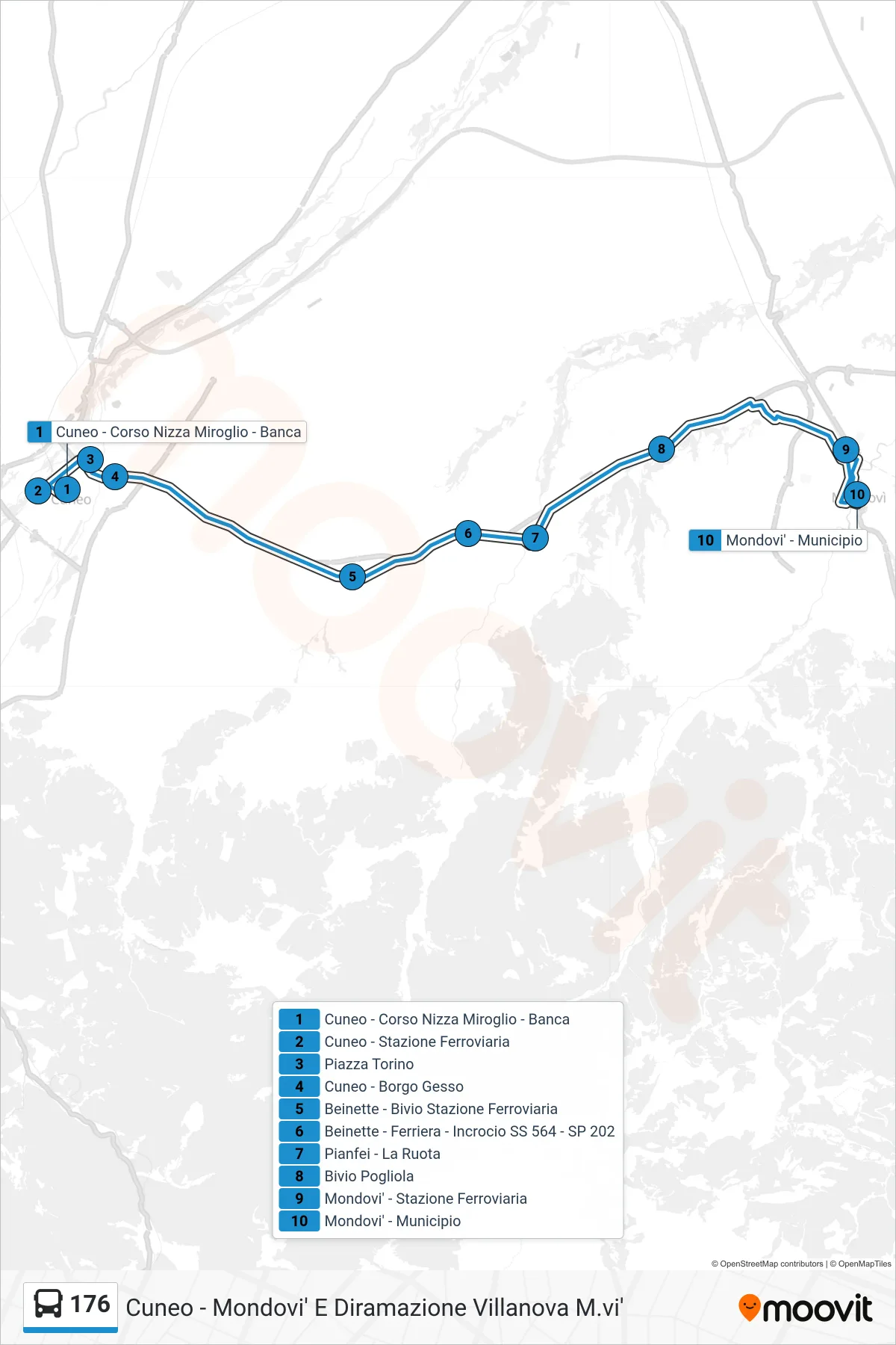 Linea 176 bus (Mondovi' - Municipio) - Percorsi e fermate sulla mappa