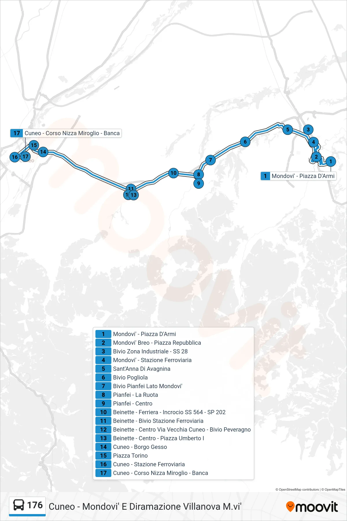 Linea 176  bus (Cuneo - Corso Nizza Miroglio - Banca) - Percorsi e fermate sulla mappa