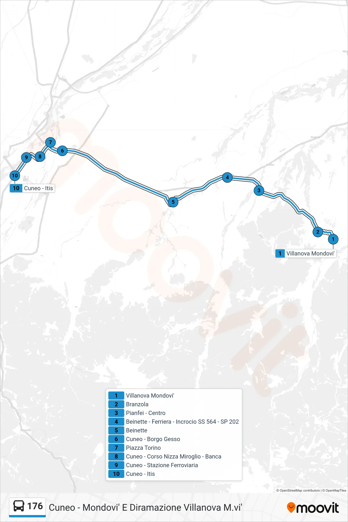 Linea 176  bus (Cuneo - Itis) - Percorsi e fermate sulla mappa