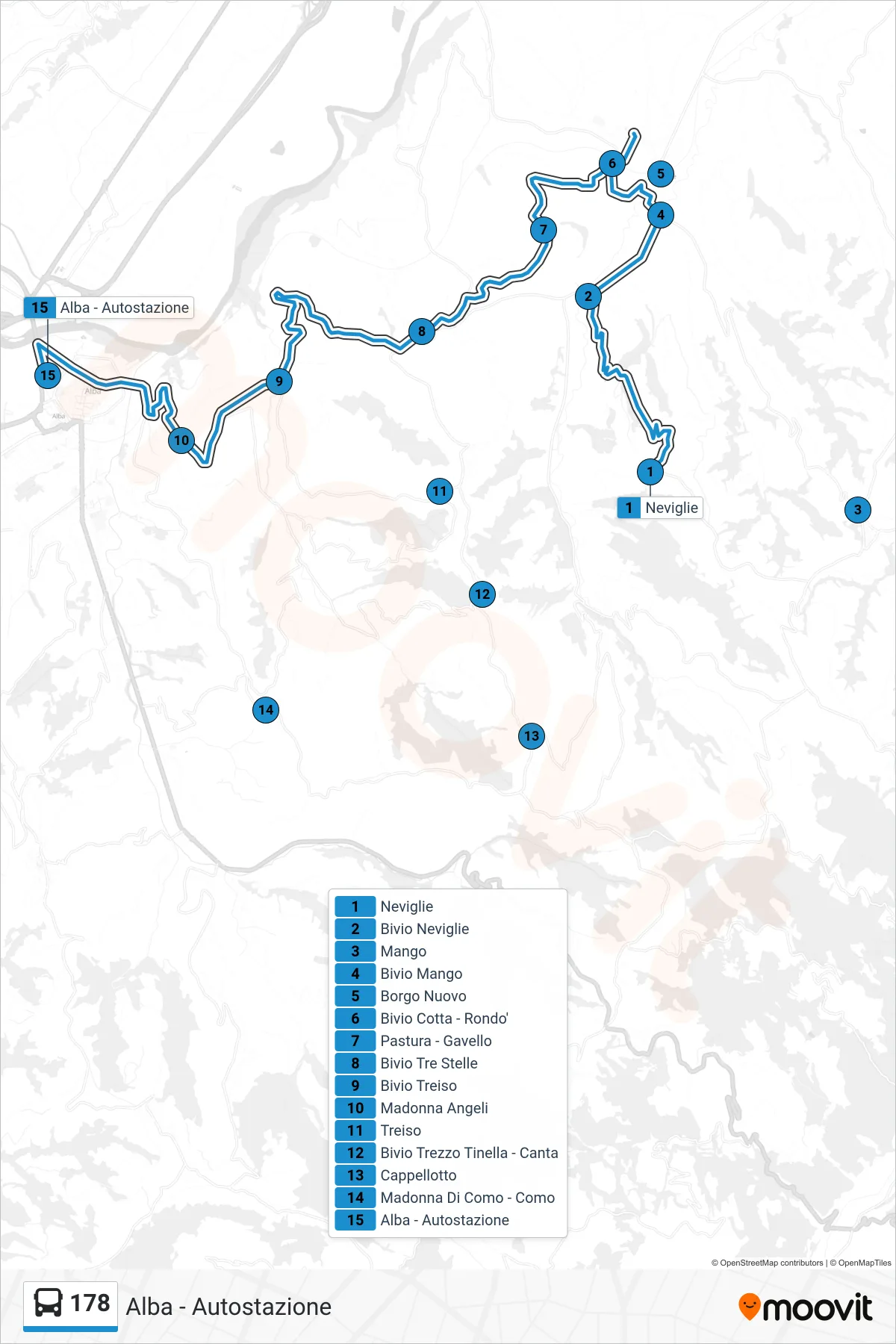 Linea 178 bus (Alba - Autostazione) - Percorsi e fermate sulla mappa