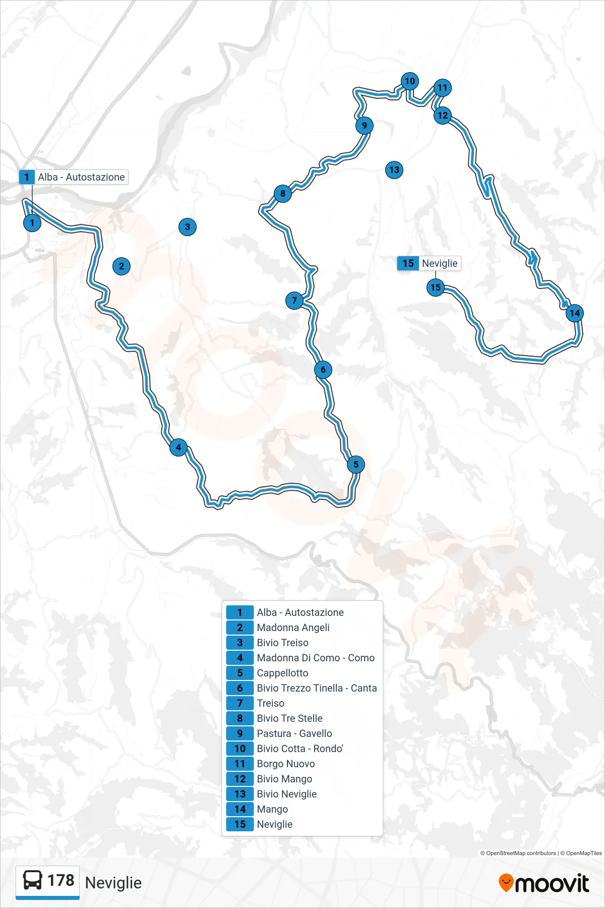 Linea 178 bus (Neviglie) - Percorsi e fermate sulla mappa