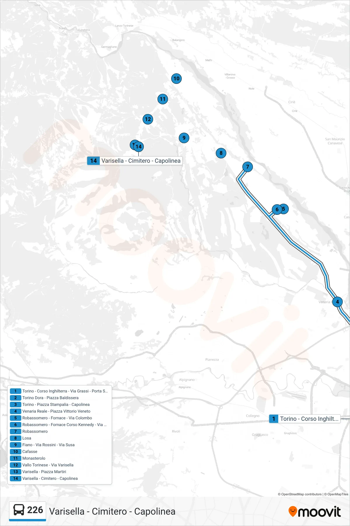 Linea 226 bus (Varisella - Cimitero - Capolinea) - Percorsi e fermate sulla mappa