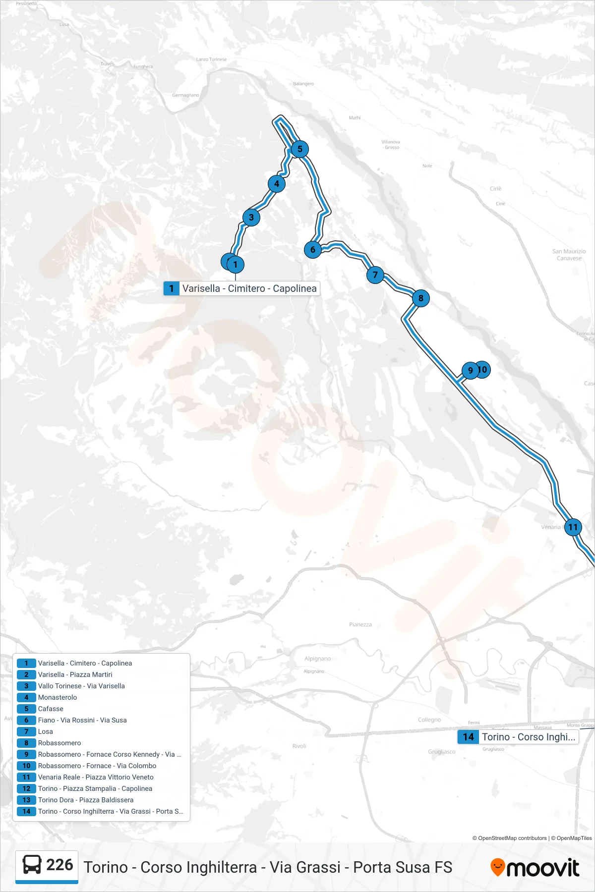 Linea 226 bus (Torino - Corso Inghilterra - Via Grassi - Porta Susa FS) - Percorsi e fermate sulla mappa