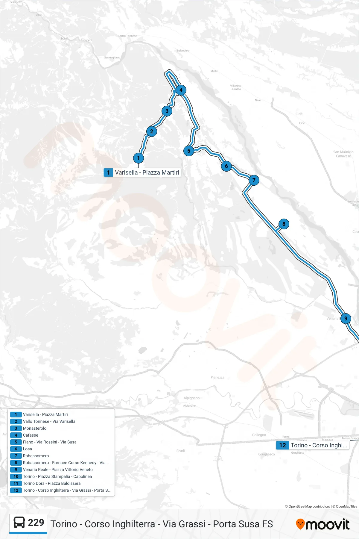 Linea 229 bus (Torino - Corso Inghilterra - Via Grassi - Porta Susa FS) - Percorsi e fermate sulla mappa
