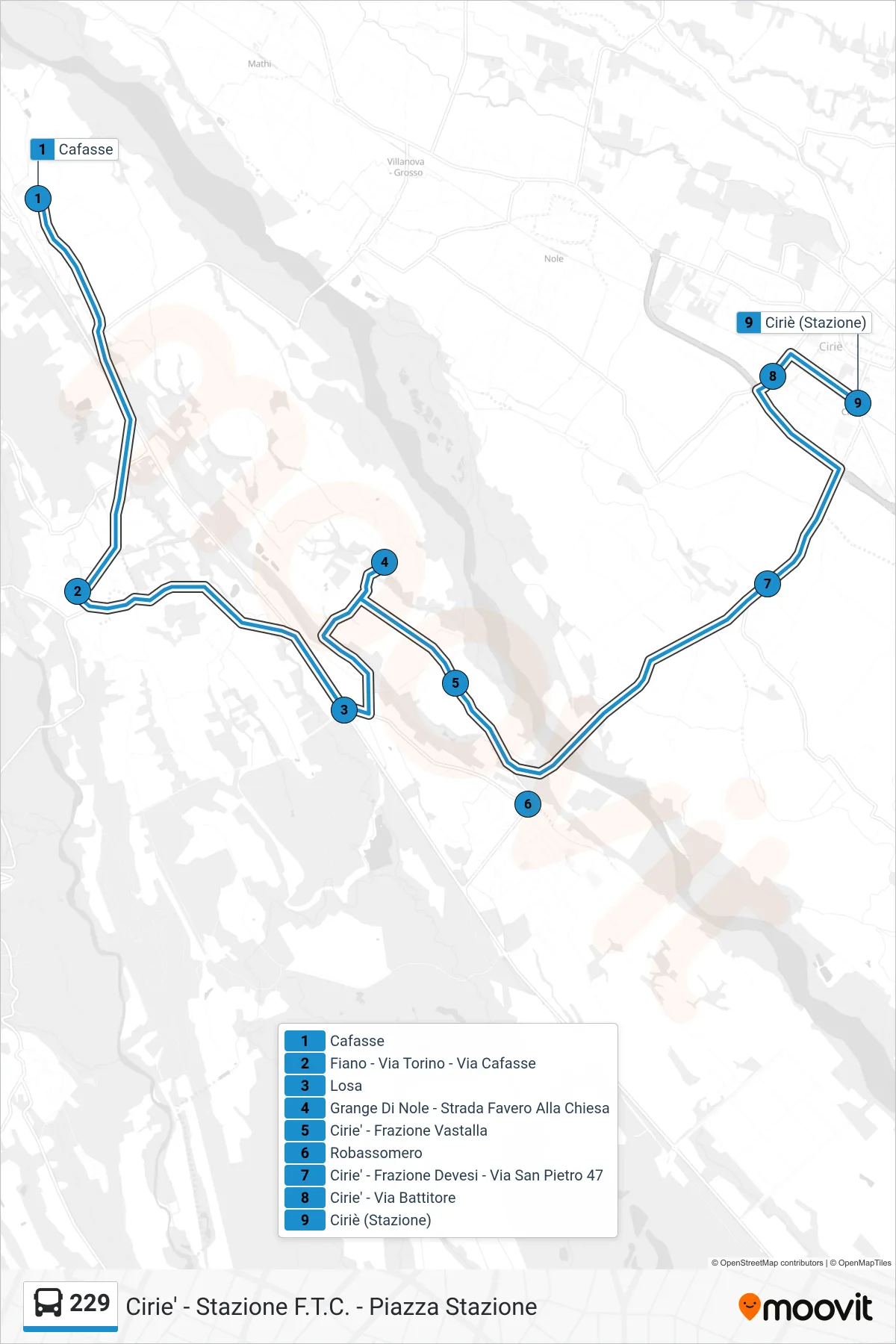 Linea 229 bus (Cirie' - Stazione F.T.C. - Piazza Stazione) - Percorsi e fermate sulla mappa