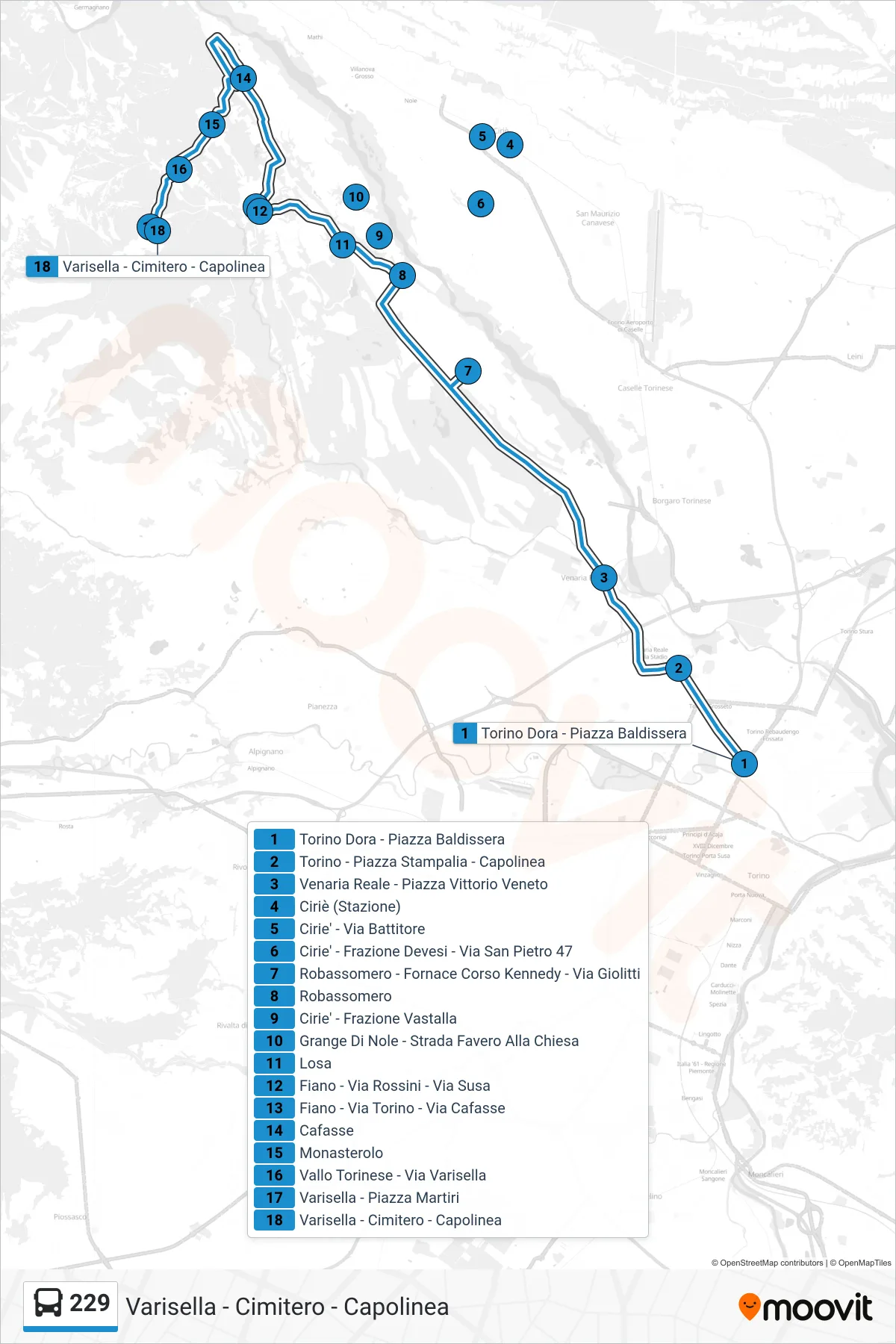 Linea 229  bus (Varisella - Cimitero - Capolinea) - Percorsi e fermate sulla mappa