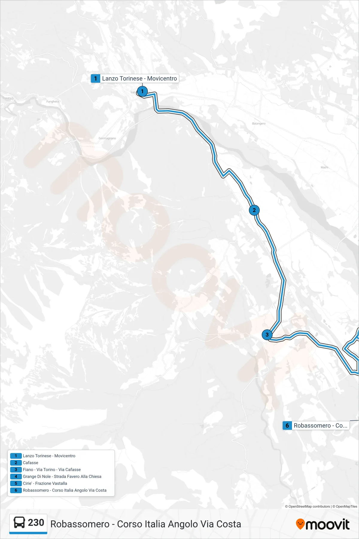 Linea 230 bus (Robassomero - Corso Italia Angolo Via Costa) - Percorsi e fermate sulla mappa