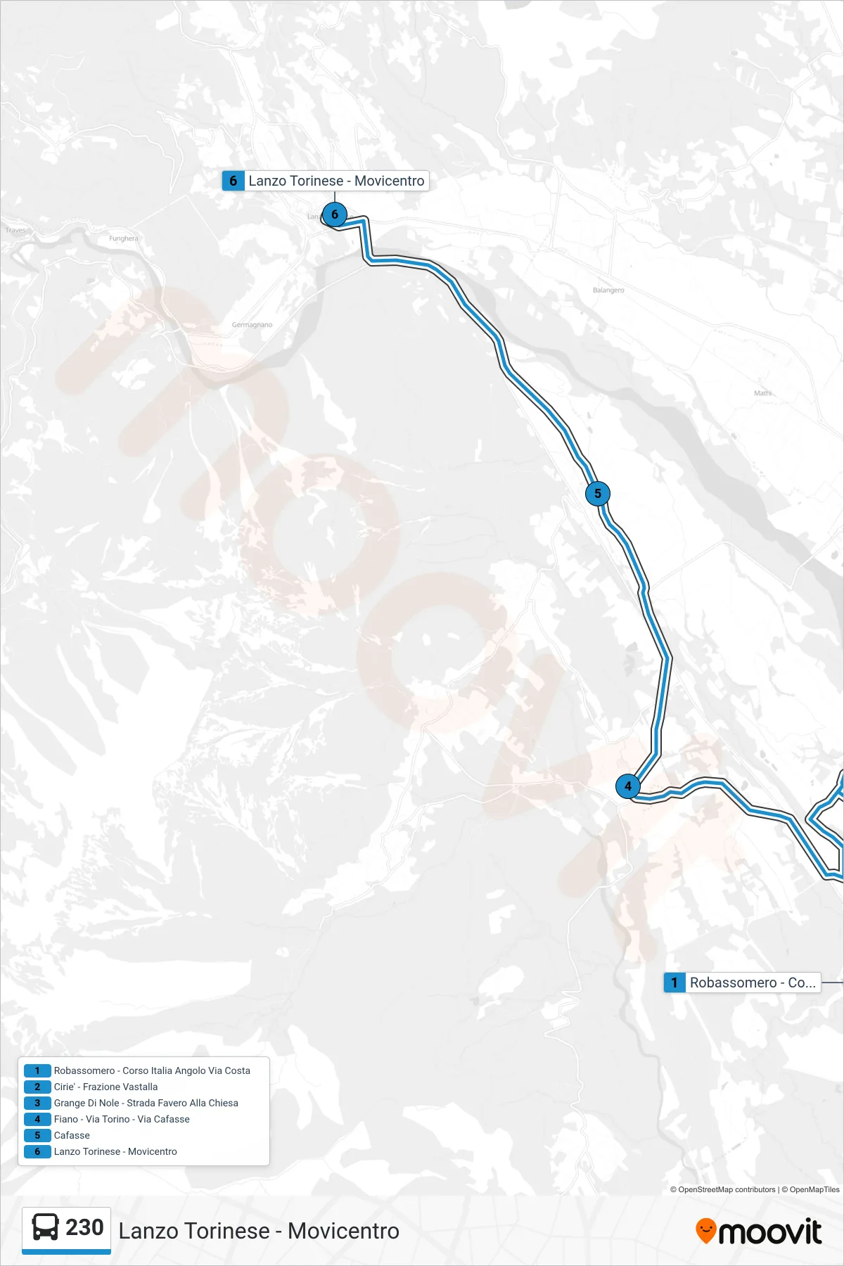 Linea 230  bus (Lanzo Torinese - Movicentro) - Percorsi e fermate sulla mappa