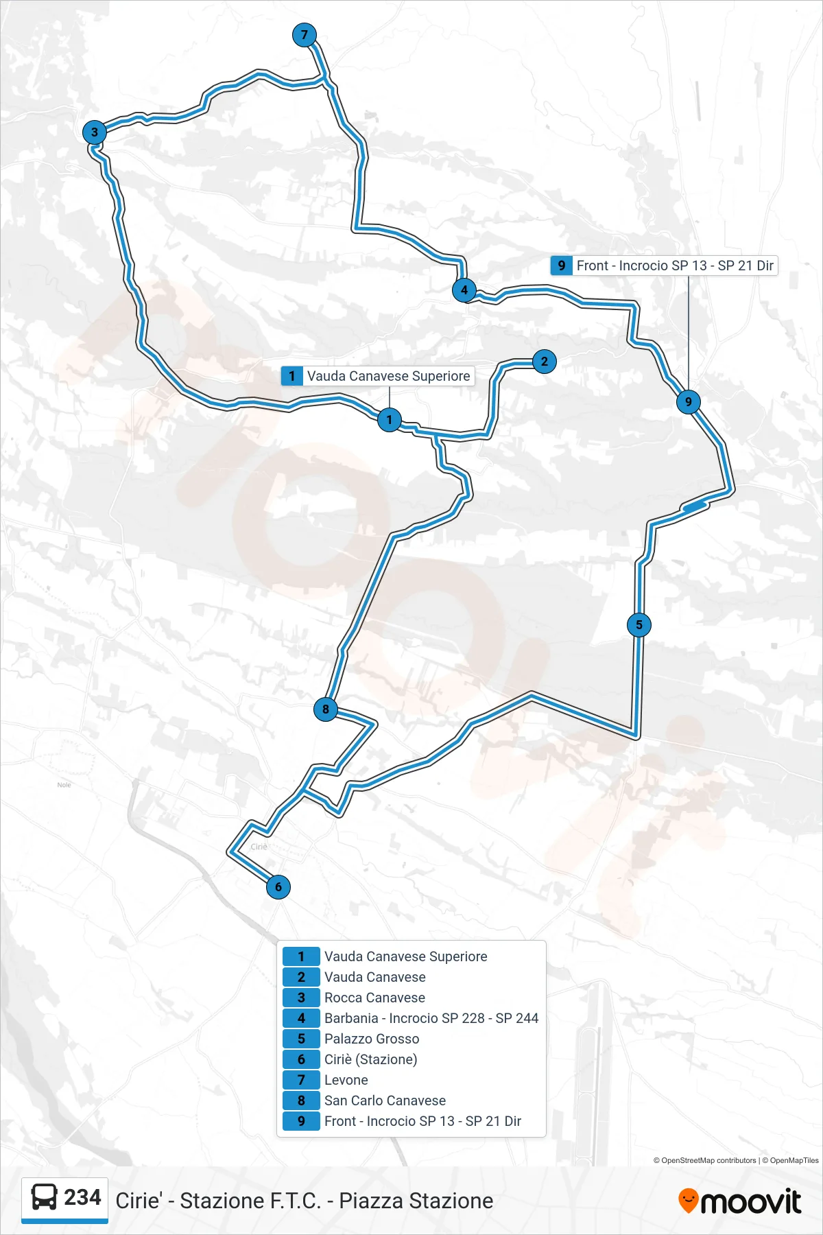 Linea 234 bus (Cirie' - Stazione F.T.C. - Piazza Stazione) - Percorsi e fermate sulla mappa