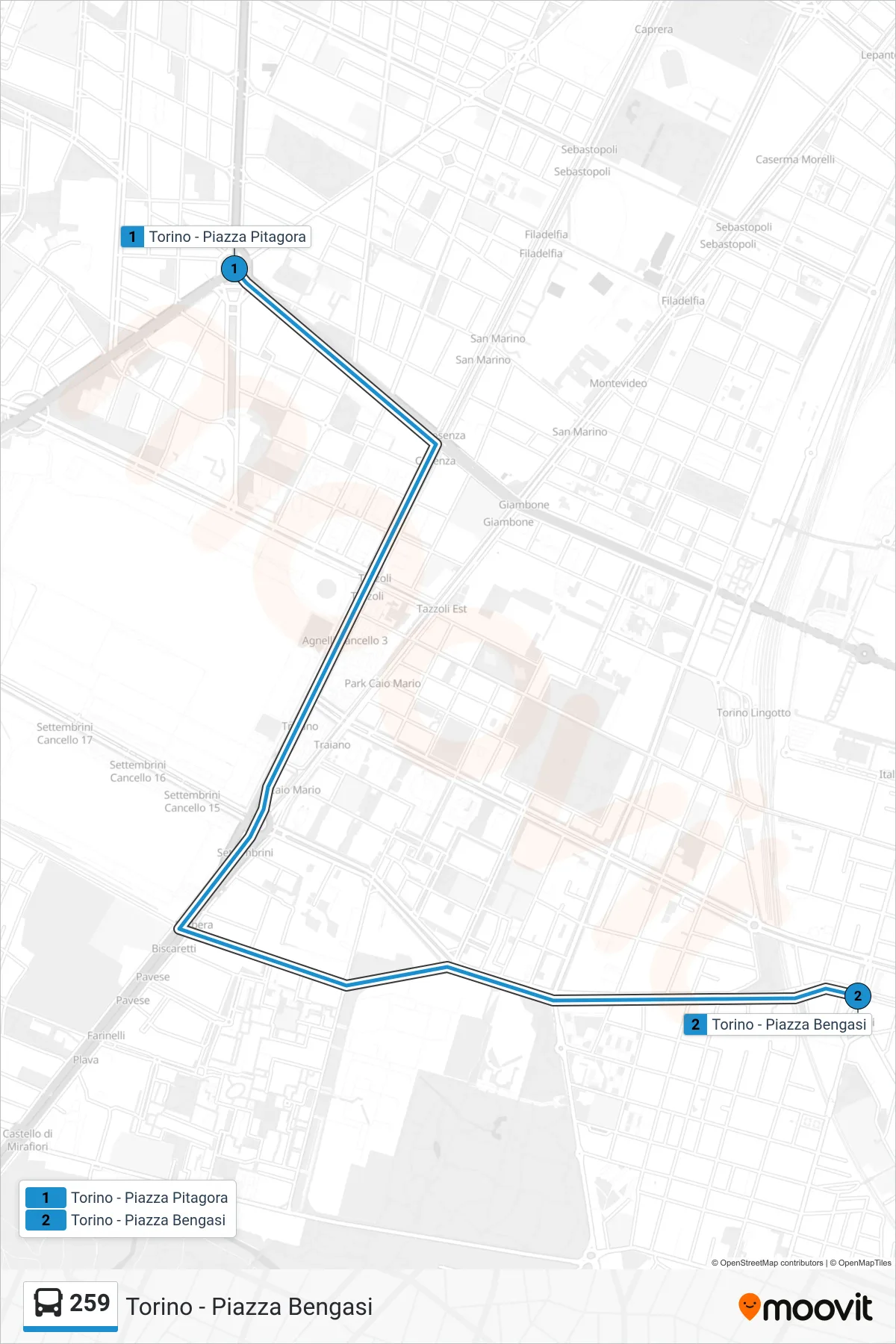 Linea 259  bus (Torino - Piazza Bengasi) - Percorsi e fermate sulla mappa